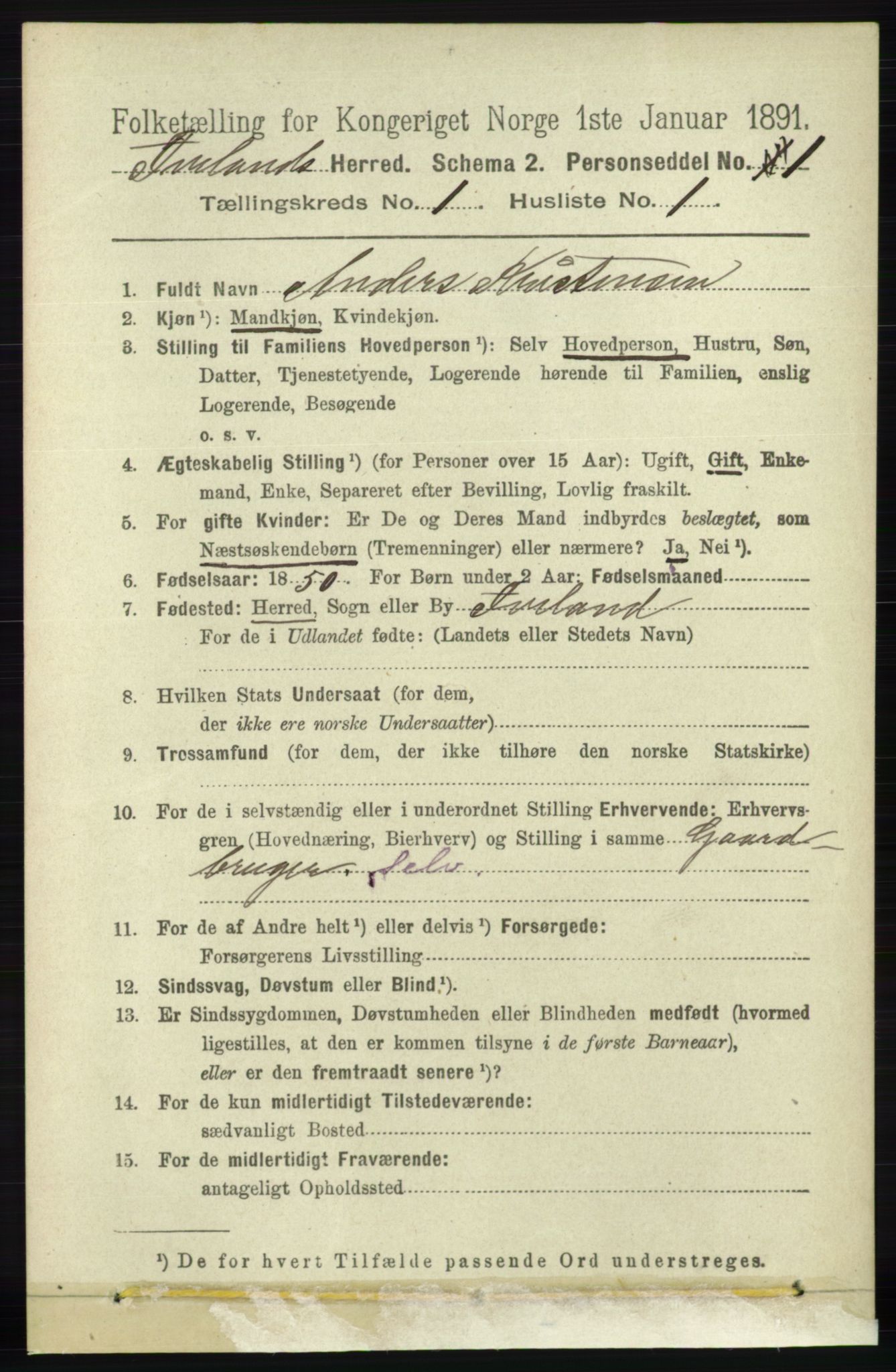 RA, 1891 census for 0935 Iveland, 1891, p. 60