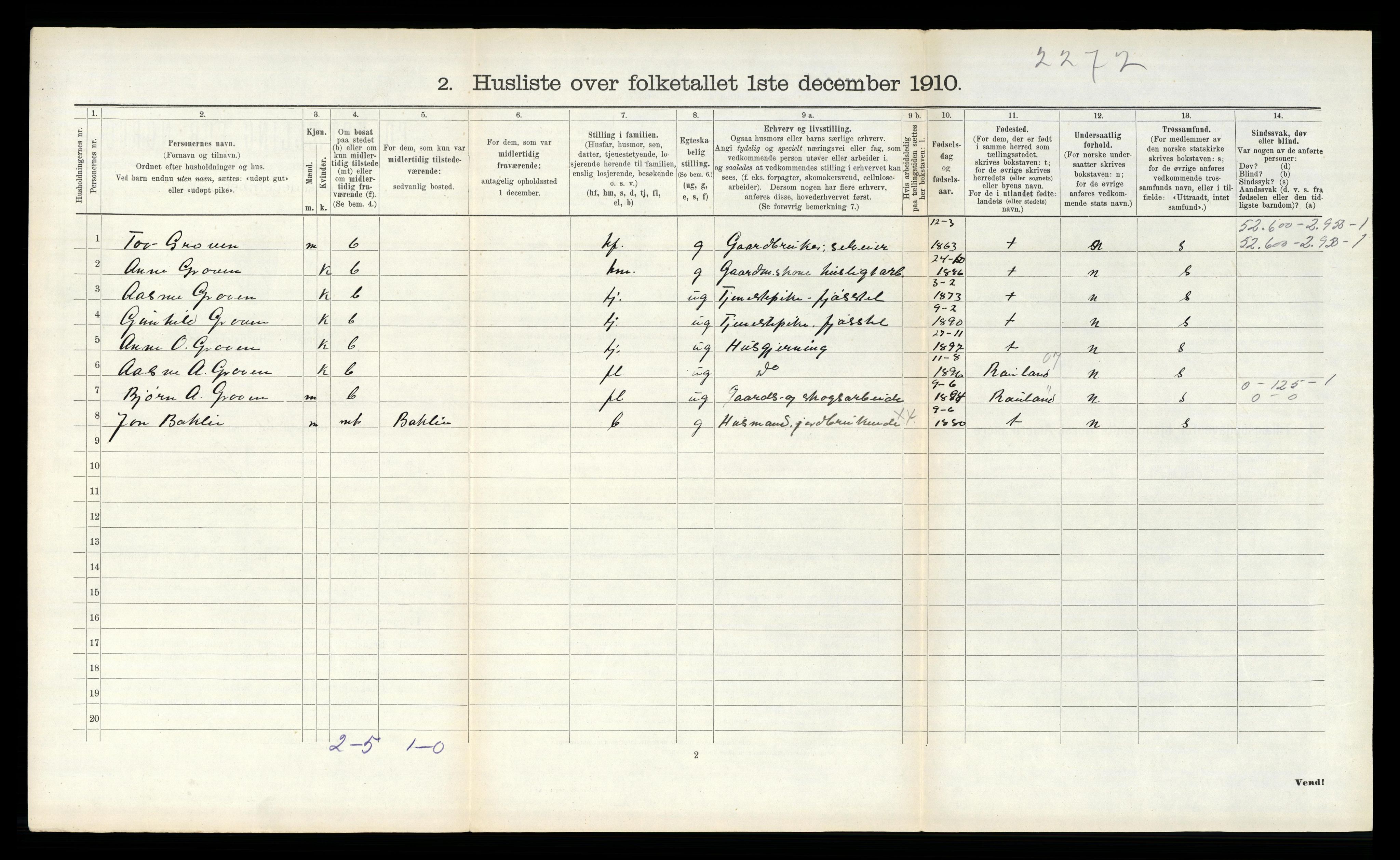 RA, 1910 census for Vinje, 1910, p. 119