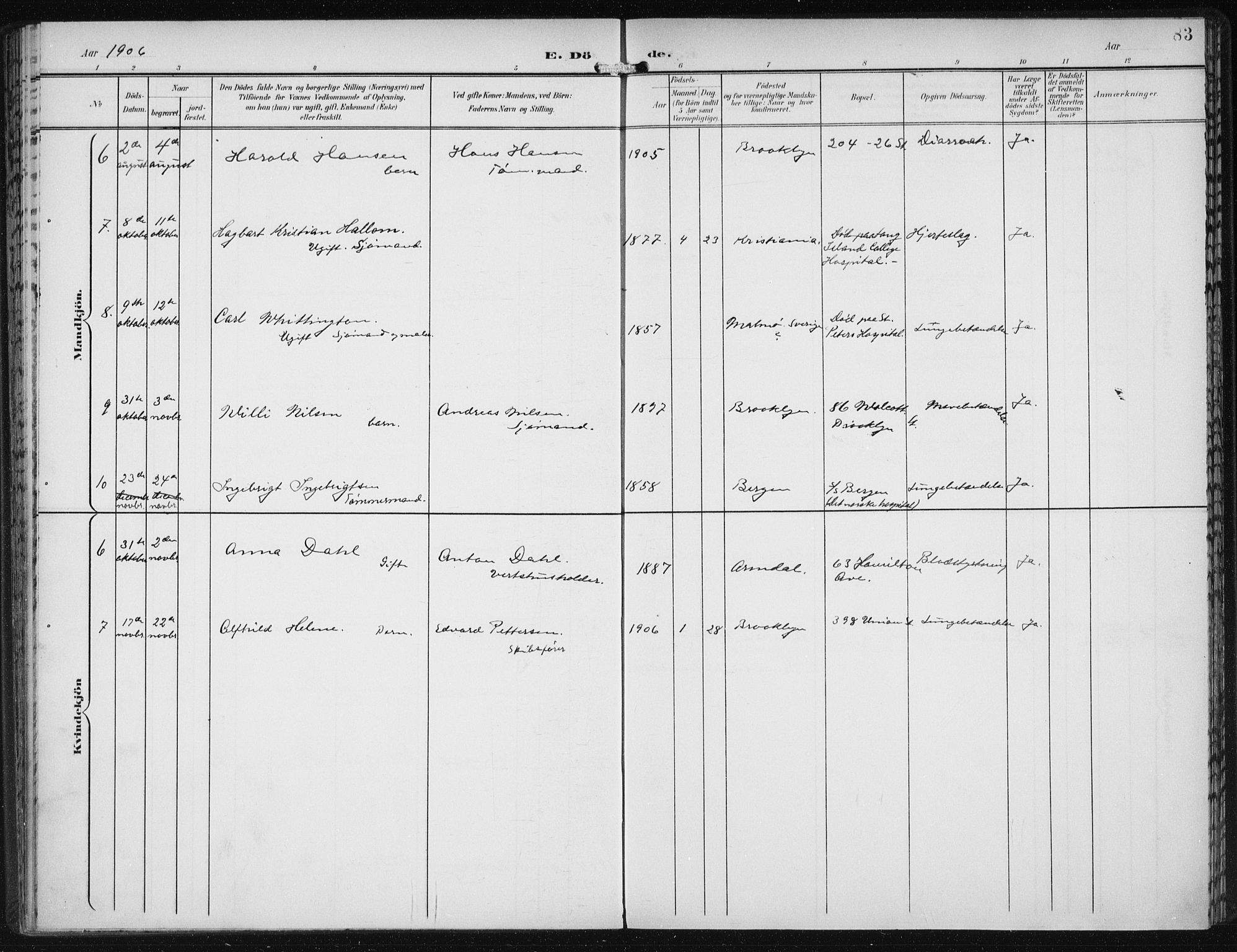 Den norske sjømannsmisjon i utlandet/New York, SAB/SAB/PA-0110/H/Ha/L0005: Parish register (official) no. A 5, 1902-1908, p. 83