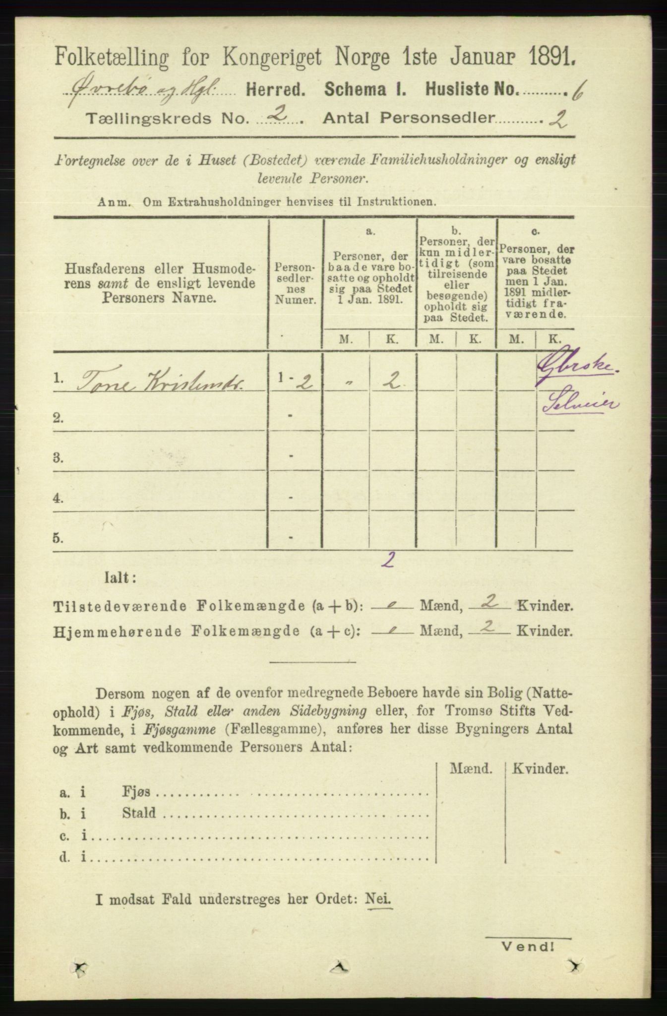 RA, 1891 census for 1016 Øvrebø og Hægeland, 1891, p. 287