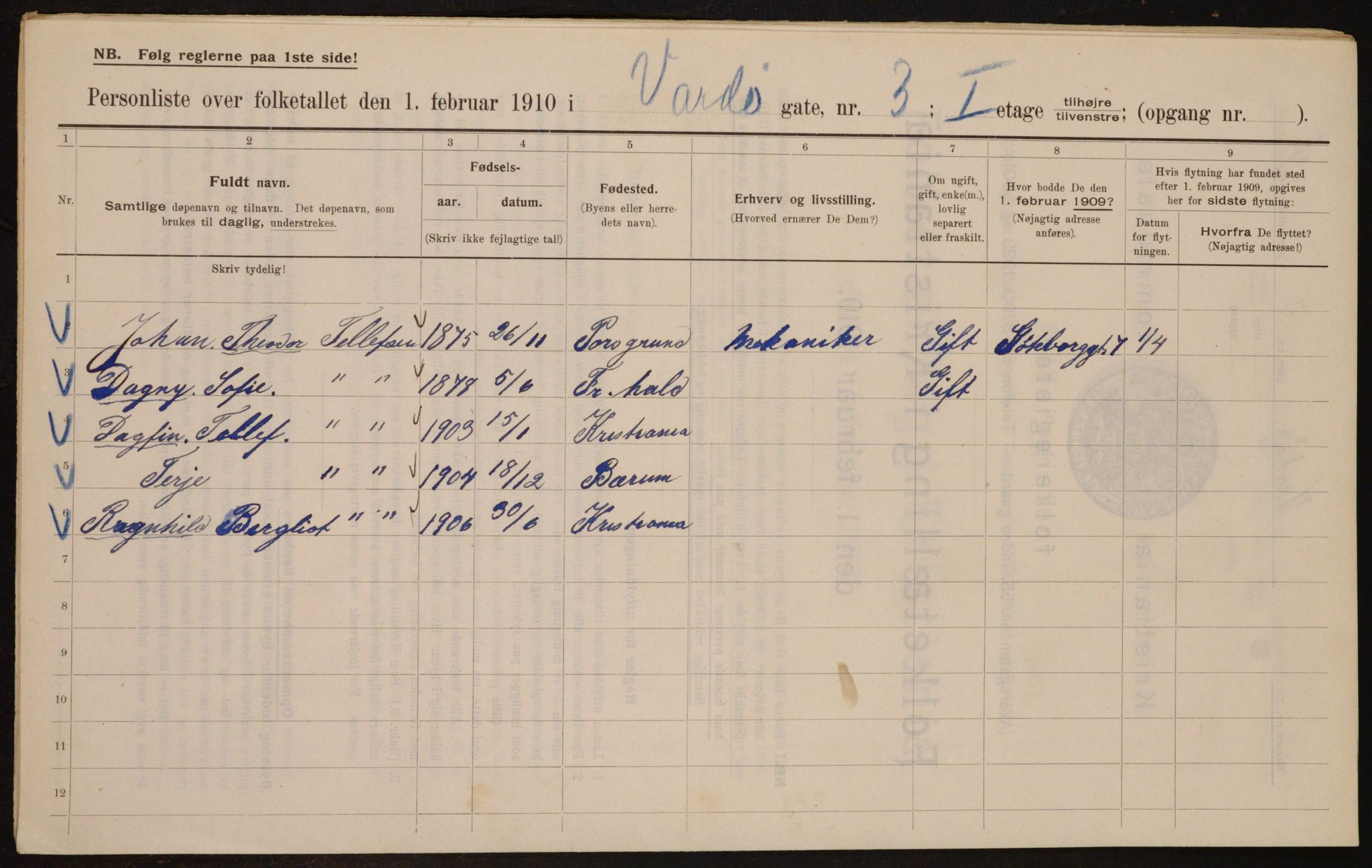 OBA, Municipal Census 1910 for Kristiania, 1910, p. 115509