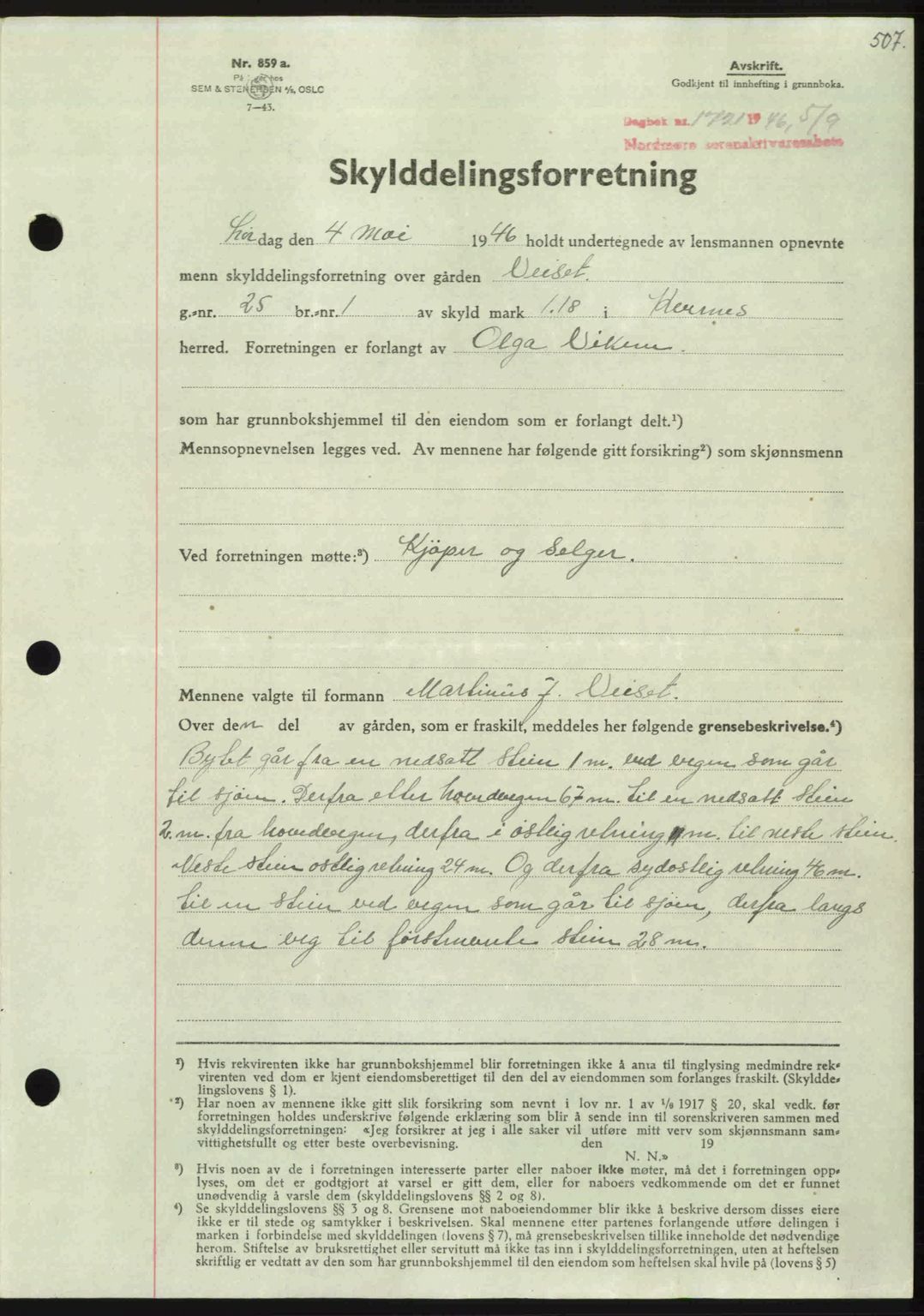 Nordmøre sorenskriveri, AV/SAT-A-4132/1/2/2Ca: Mortgage book no. A102, 1946-1946, Diary no: : 1721/1946