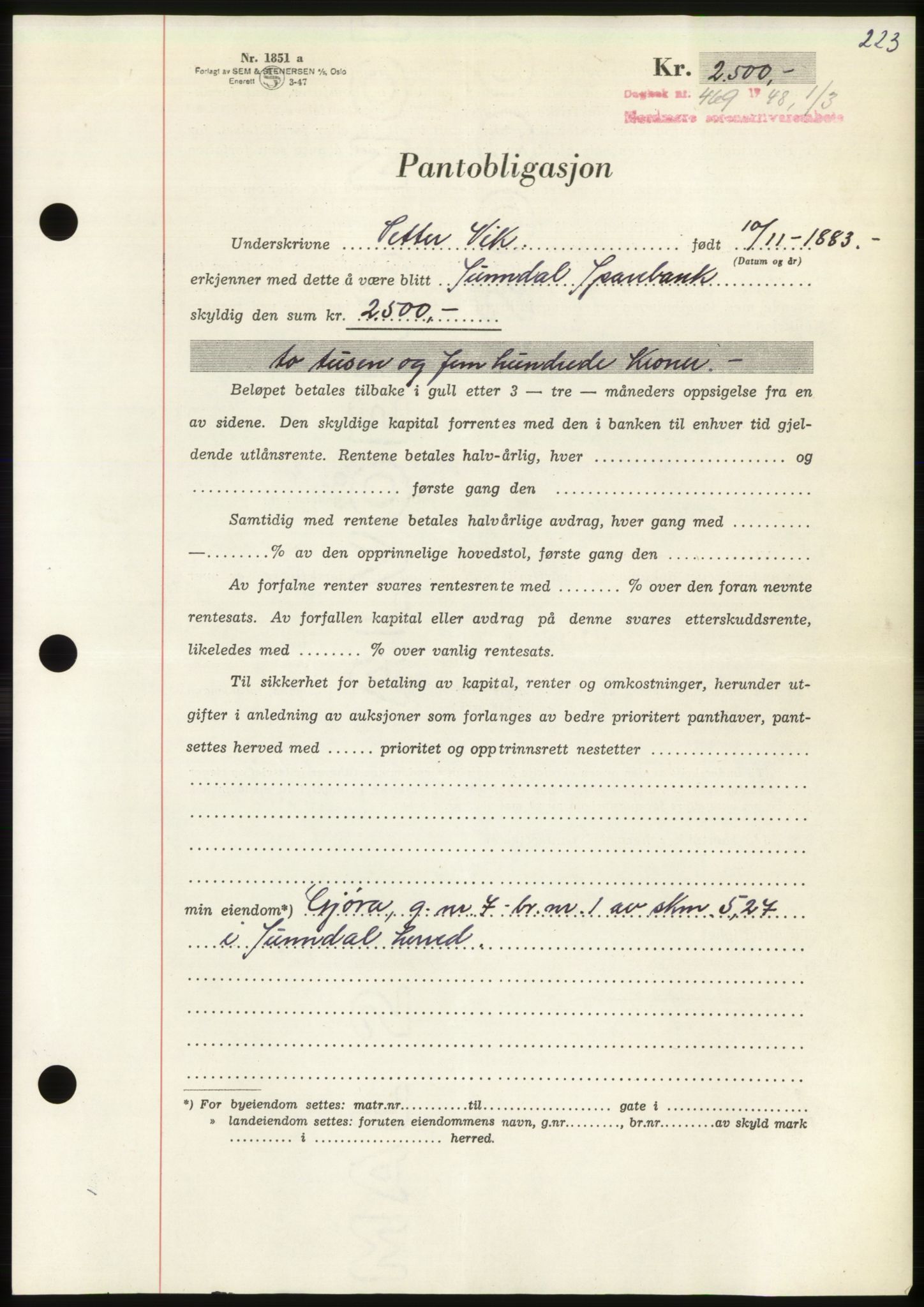 Nordmøre sorenskriveri, AV/SAT-A-4132/1/2/2Ca: Mortgage book no. B98, 1948-1948, Diary no: : 469/1948