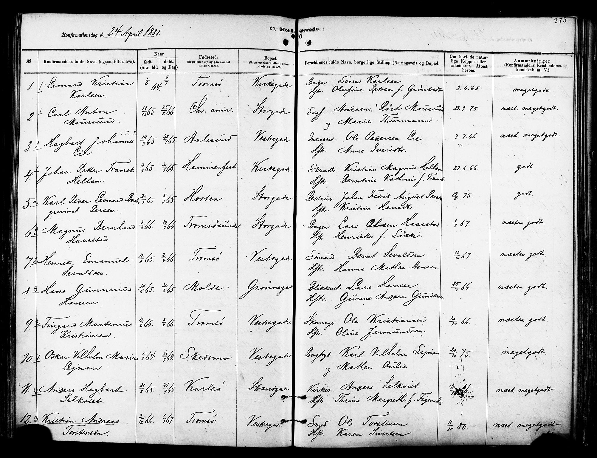 Tromsø sokneprestkontor/stiftsprosti/domprosti, SATØ/S-1343/G/Ga/L0014kirke: Parish register (official) no. 14, 1878-1888, p. 275