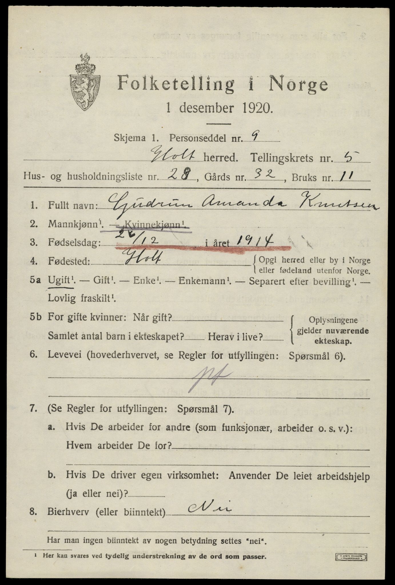 SAK, 1920 census for Holt, 1920, p. 3784