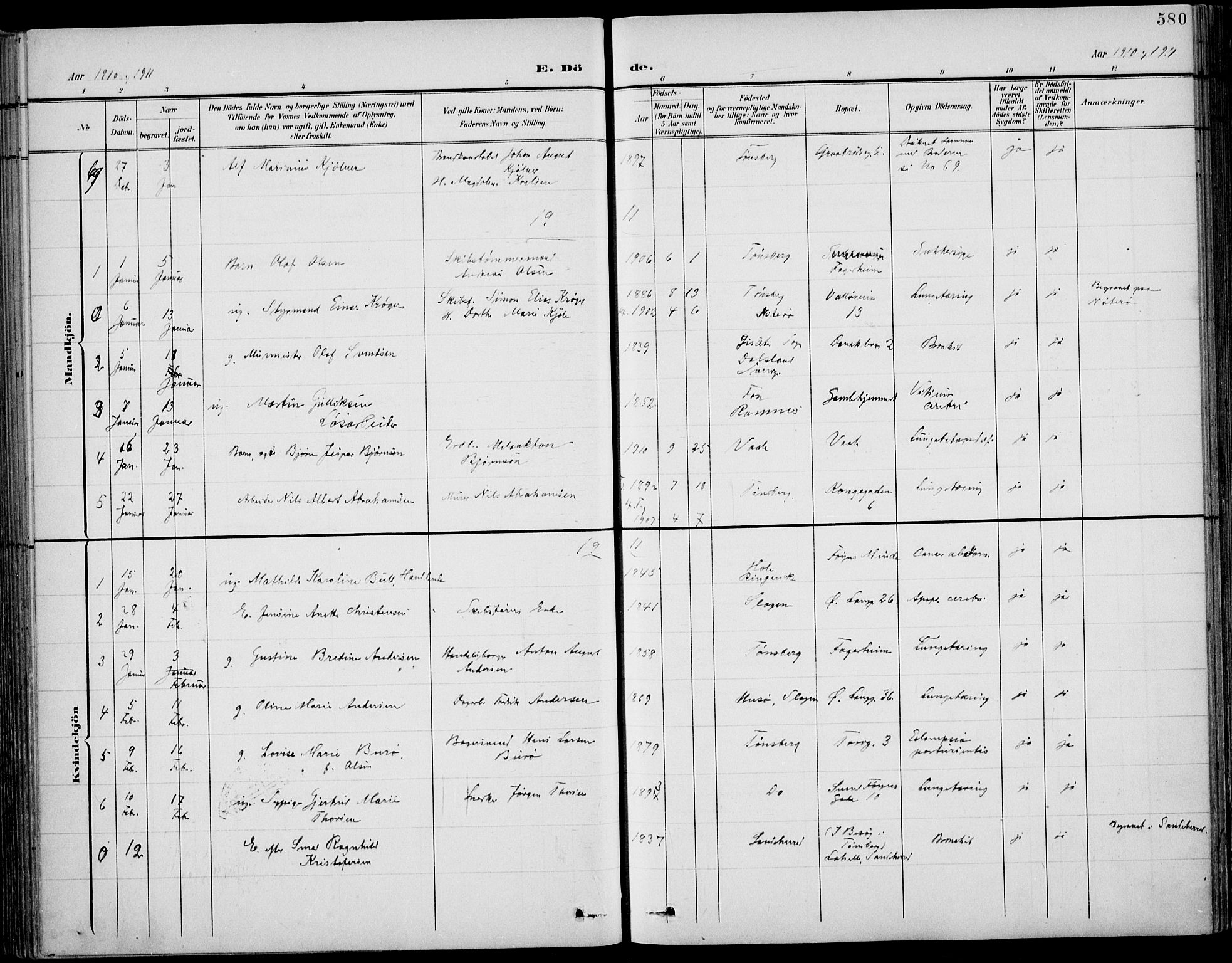 Tønsberg kirkebøker, AV/SAKO-A-330/F/Fa/L0013: Parish register (official) no. I 13, 1900-1913, p. 580