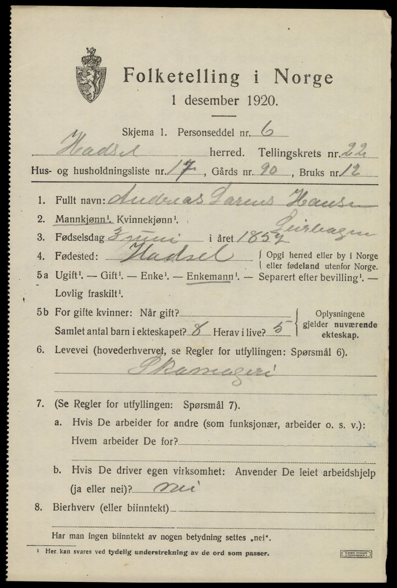 SAT, 1920 census for Hadsel, 1920, p. 20124