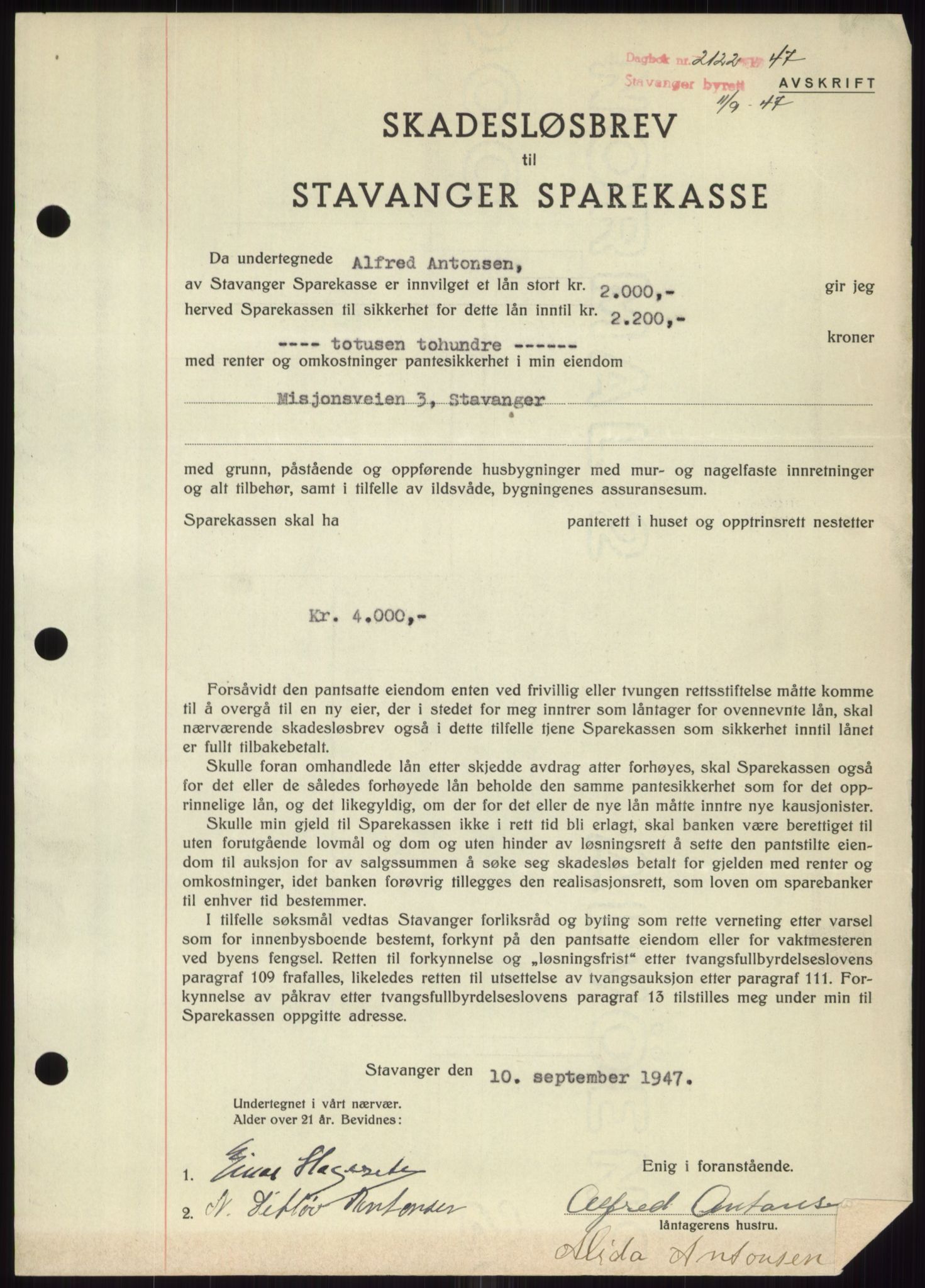Stavanger byrett, SAST/A-100455/002/G/Gb/L0032: Mortgage book, 1947-1950, Diary no: : 2122/1947