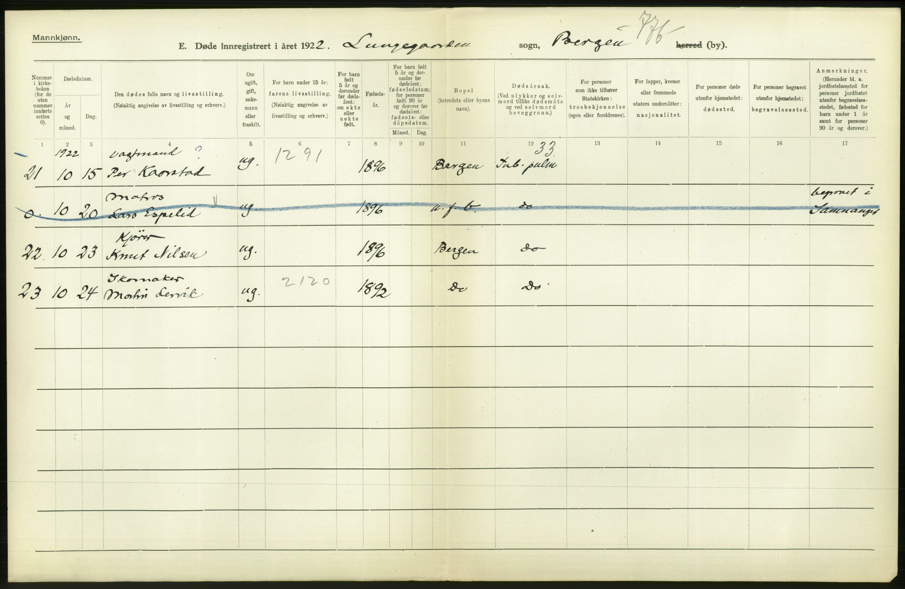 Statistisk sentralbyrå, Sosiodemografiske emner, Befolkning, AV/RA-S-2228/D/Df/Dfc/Dfcb/L0030: Bergen: Gifte, døde, dødfødte., 1922, p. 384