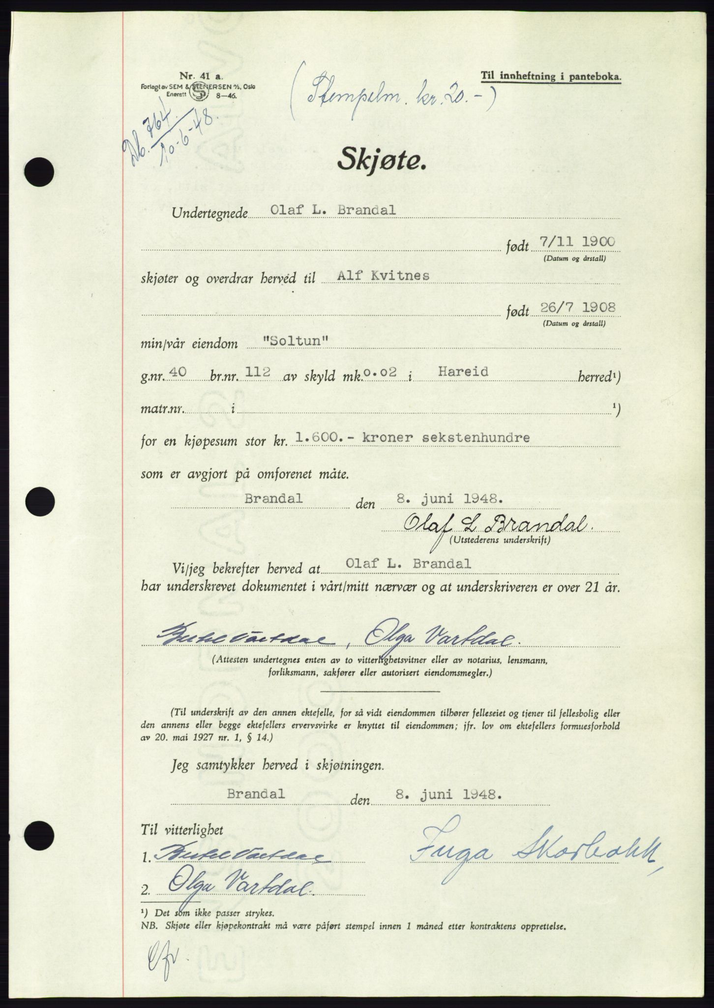 Søre Sunnmøre sorenskriveri, AV/SAT-A-4122/1/2/2C/L0082: Mortgage book no. 8A, 1948-1948, Diary no: : 764/1948