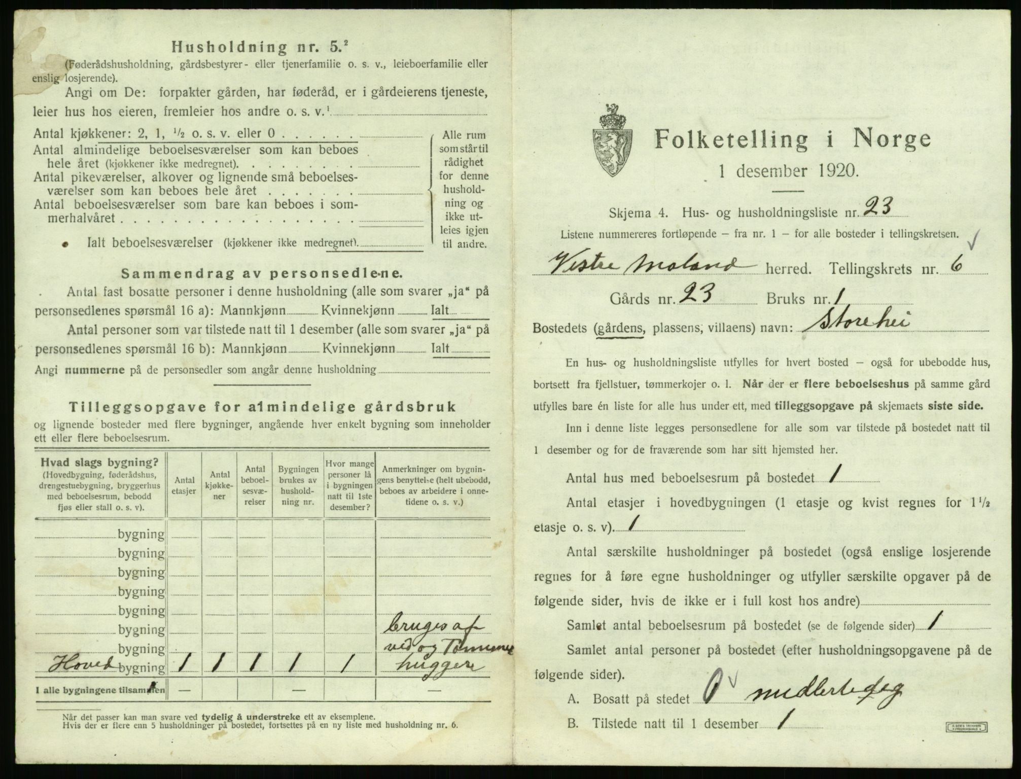SAK, 1920 census for Vestre Moland, 1920, p. 863