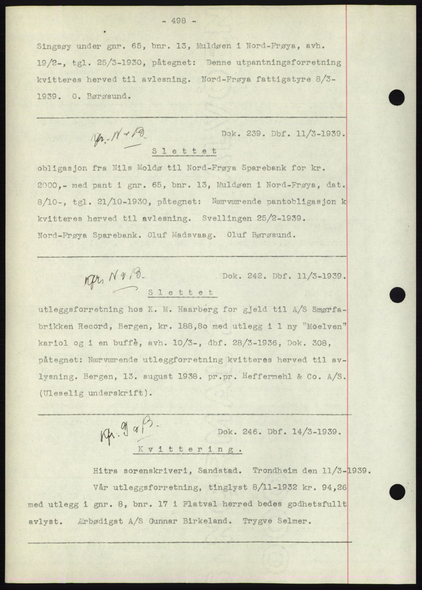 Hitra sorenskriveri, AV/SAT-A-0018/2/2C/2Ca: Mortgage book no. C1, 1936-1945, Diary no: : 239/1939