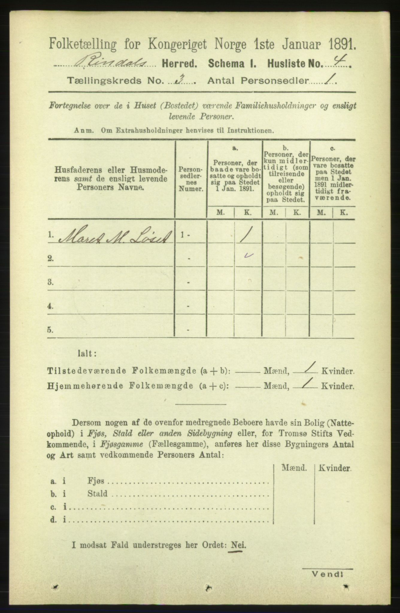 RA, 1891 census for 1567 Rindal, 1891, p. 645