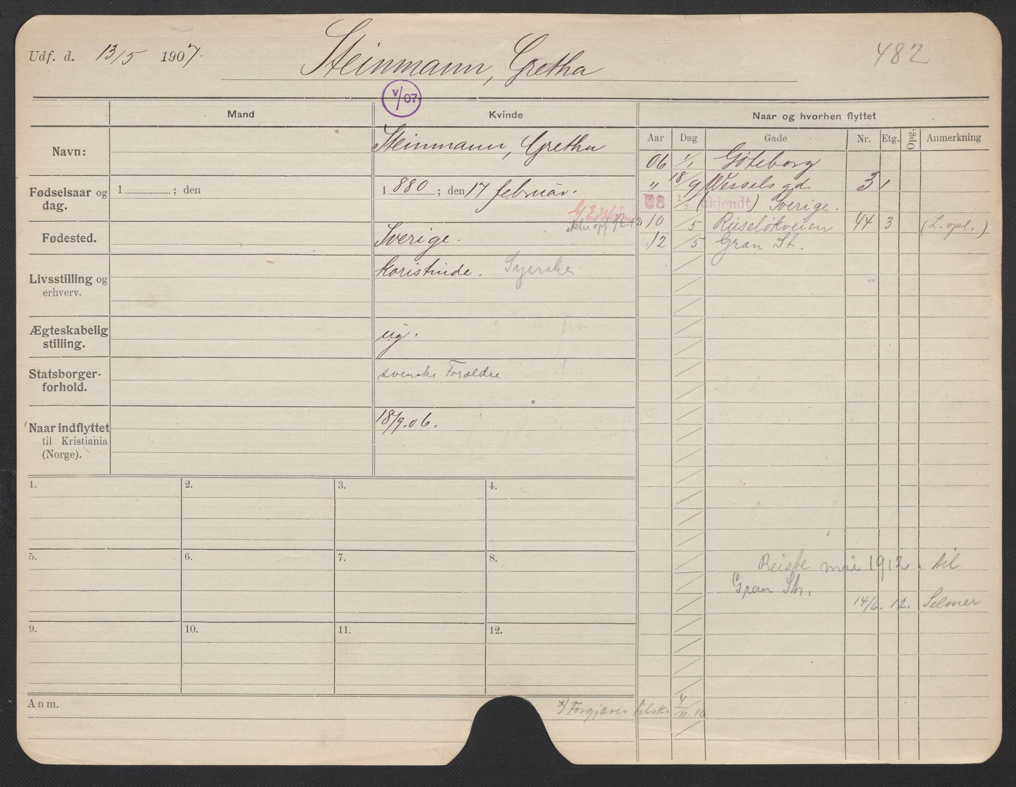 Oslo folkeregister, Registerkort, AV/SAO-A-11715/F/Fa/Fac/L0024: Kvinner, 1906-1914, p. 229a