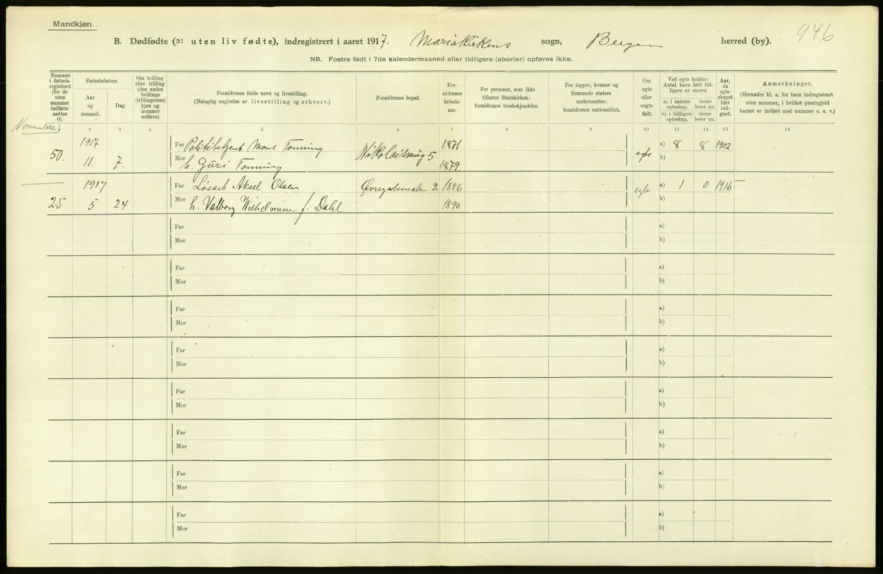 Statistisk sentralbyrå, Sosiodemografiske emner, Befolkning, AV/RA-S-2228/D/Df/Dfb/Dfbg/L0038: Bergen: Gifte, døde, dødfødte., 1917, p. 324