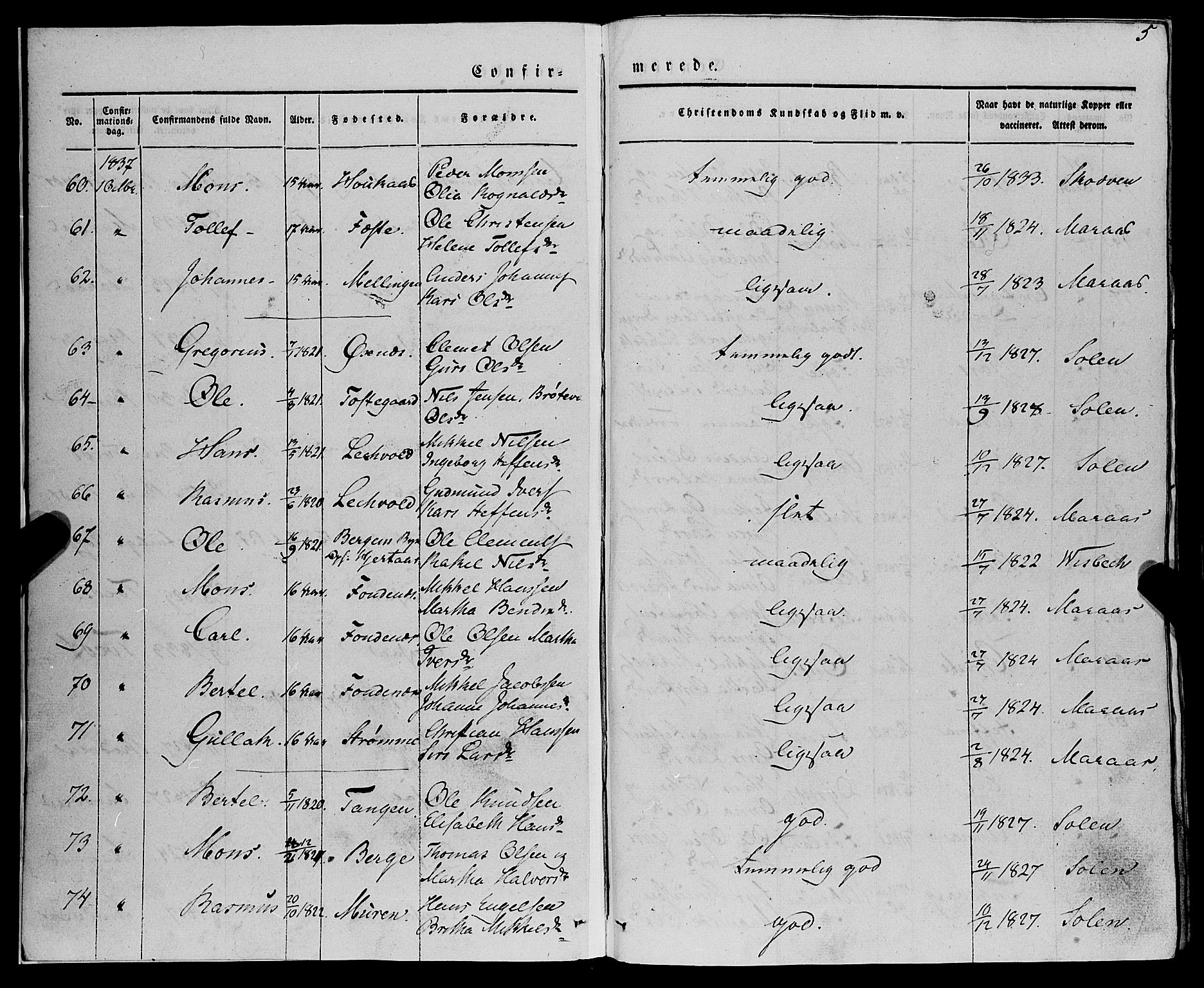 Lindås Sokneprestembete, AV/SAB-A-76701/H/Haa/Haaa/L0012: Parish register (official) no. A 12, 1836-1848, p. 5