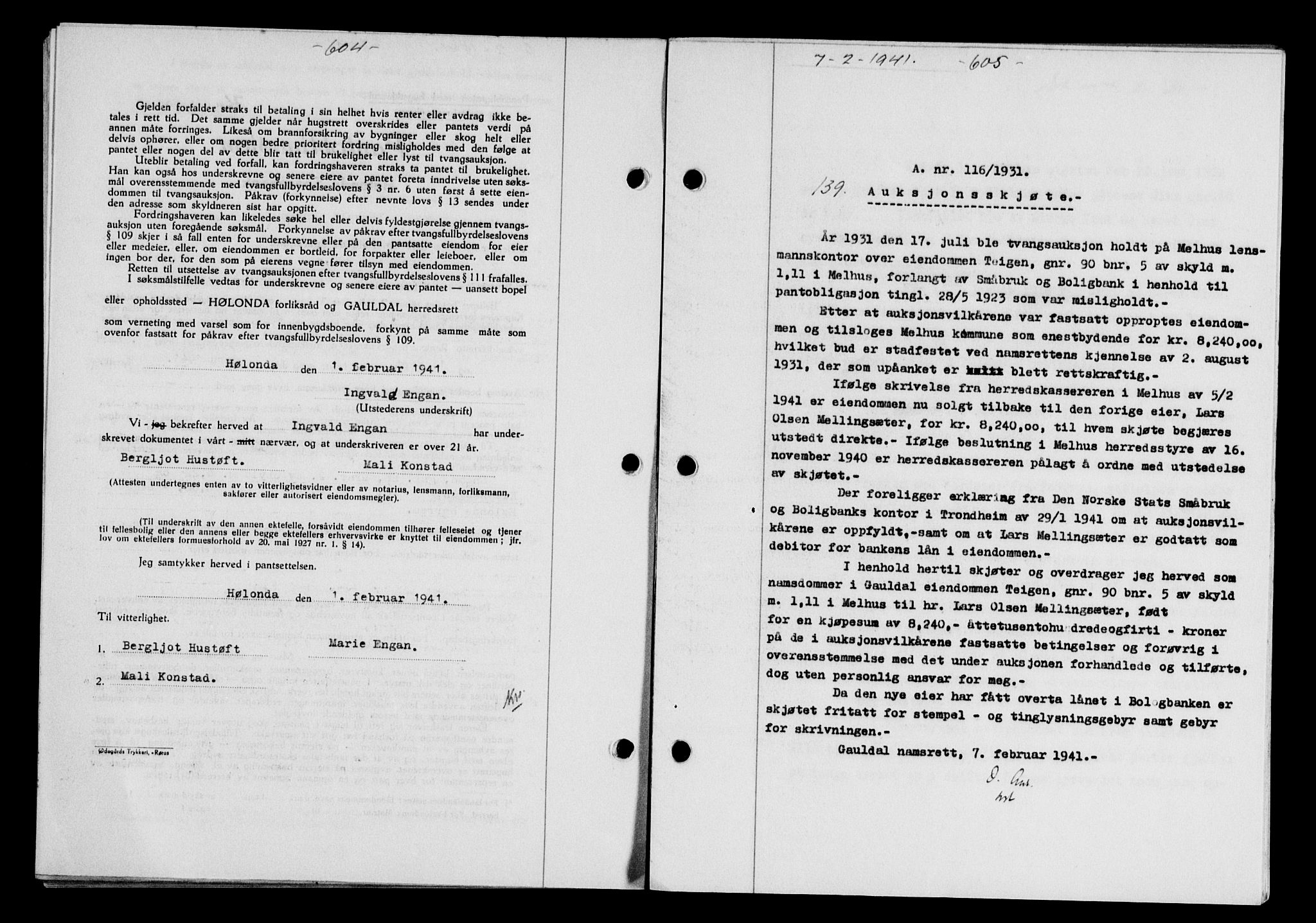 Gauldal sorenskriveri, SAT/A-0014/1/2/2C/L0052: Mortgage book no. 57, 1940-1941, Diary no: : 139/1941