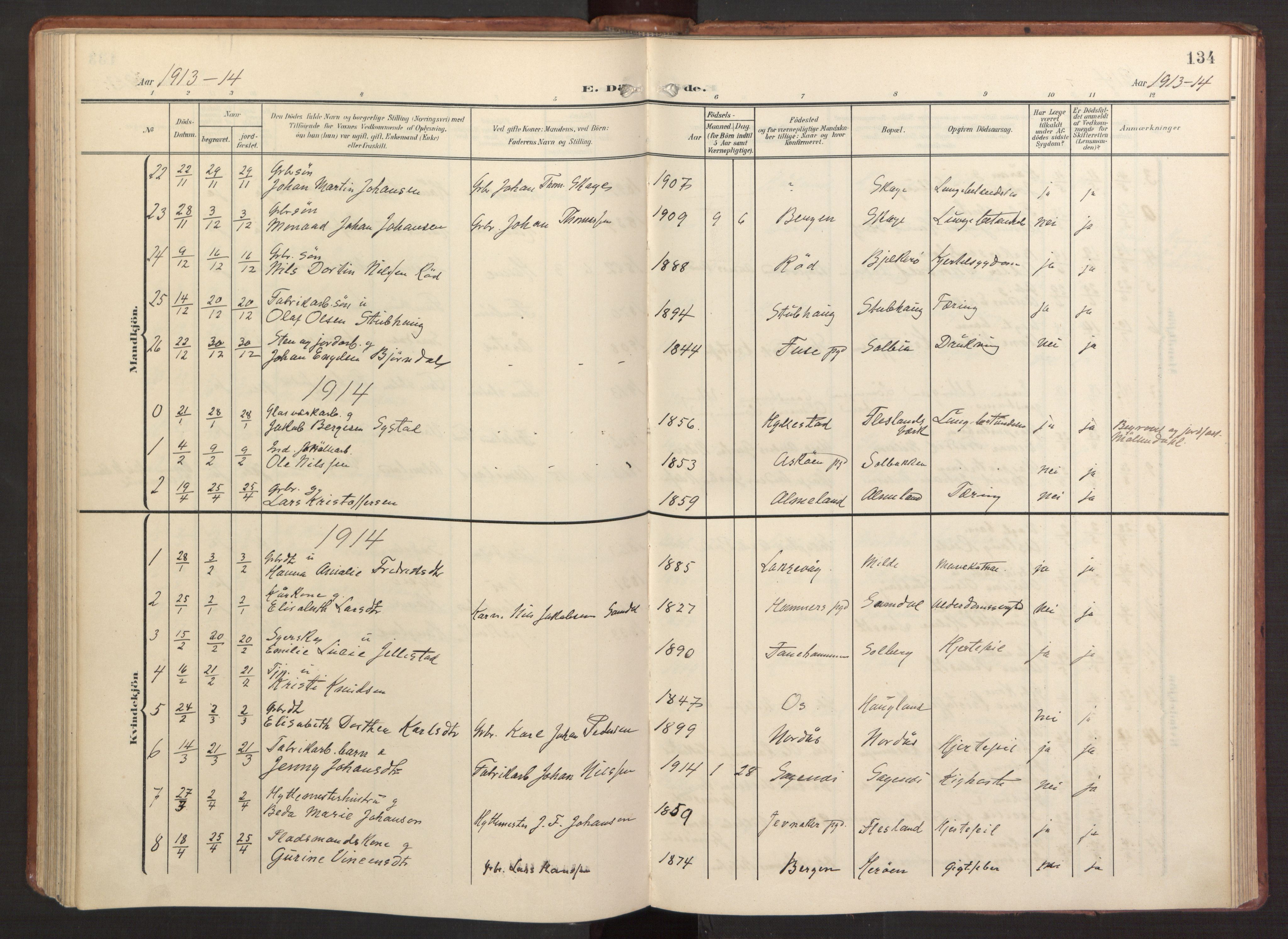 Fana Sokneprestembete, AV/SAB-A-75101/H/Haa/Haab/L0004: Parish register (official) no. B 4, 1908-1915, p. 134