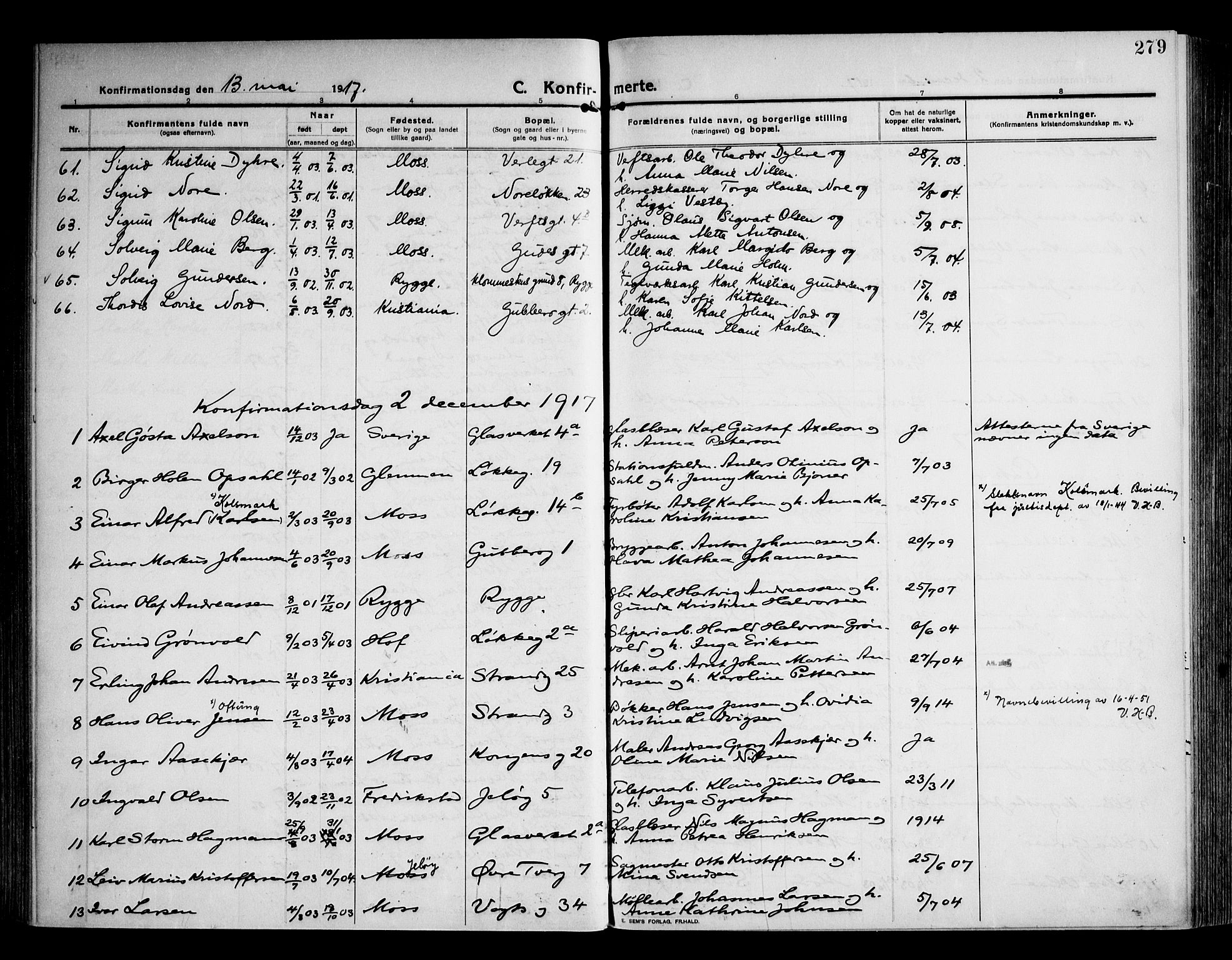 Moss prestekontor Kirkebøker, AV/SAO-A-2003/F/Fb/L0005: Parish register (official) no. II 5, 1913-1923, p. 279