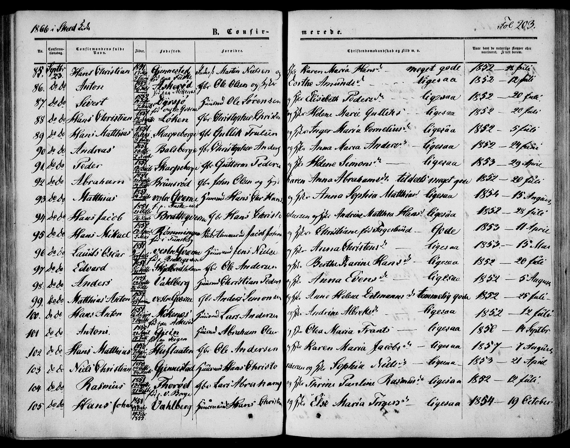 Stokke kirkebøker, AV/SAKO-A-320/F/Fa/L0008: Parish register (official) no. I 8, 1858-1871, p. 203