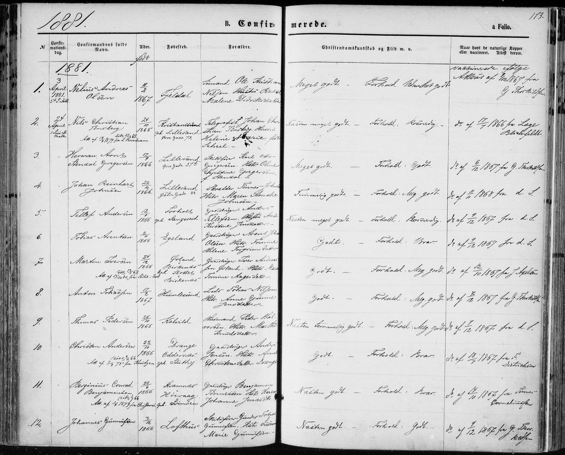 Vestre Moland sokneprestkontor, SAK/1111-0046/F/Fa/Fab/L0008: Parish register (official) no. A 8, 1873-1883, p. 173