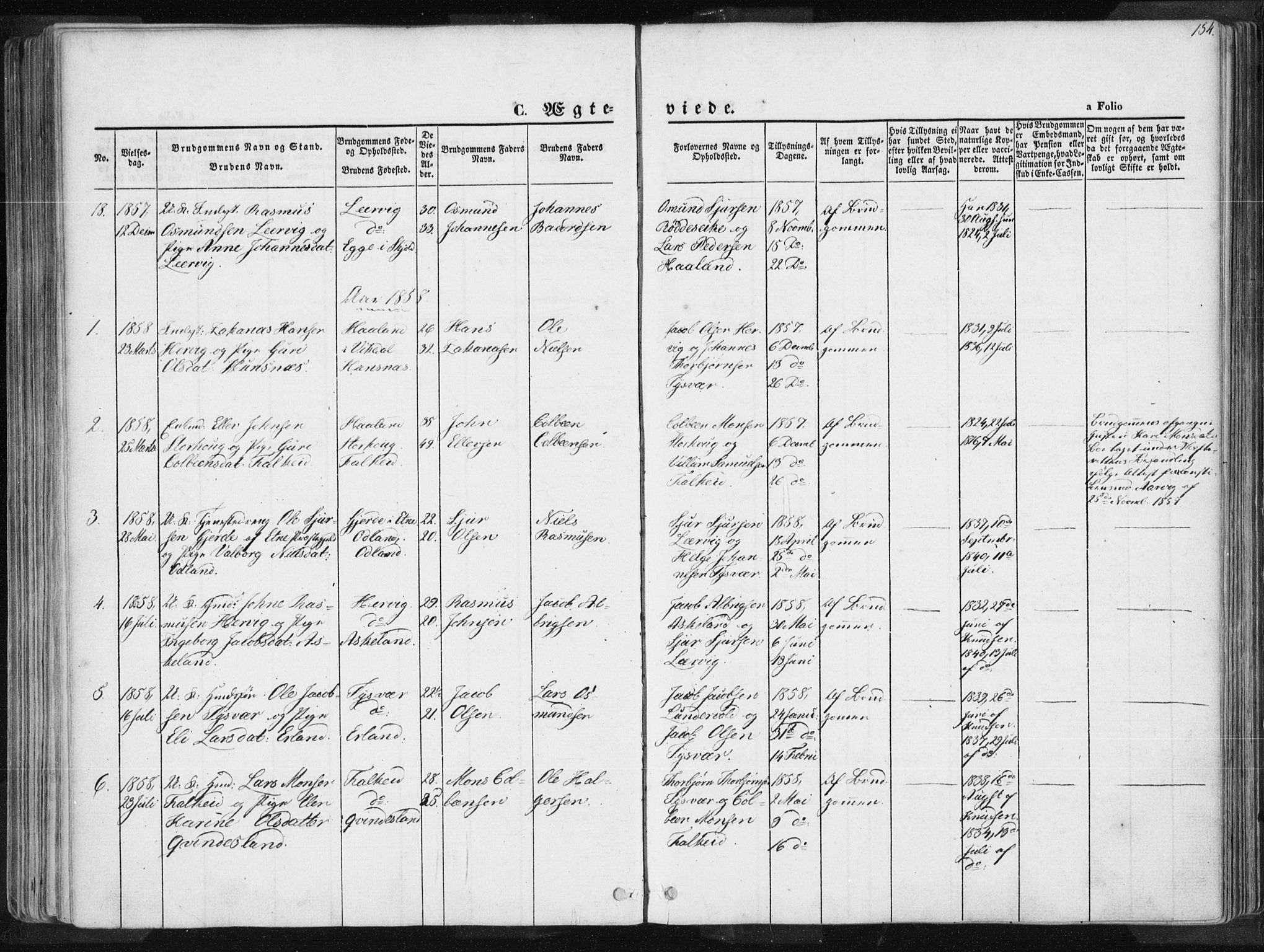 Tysvær sokneprestkontor, SAST/A -101864/H/Ha/Haa/L0003: Parish register (official) no. A 3, 1856-1865, p. 154