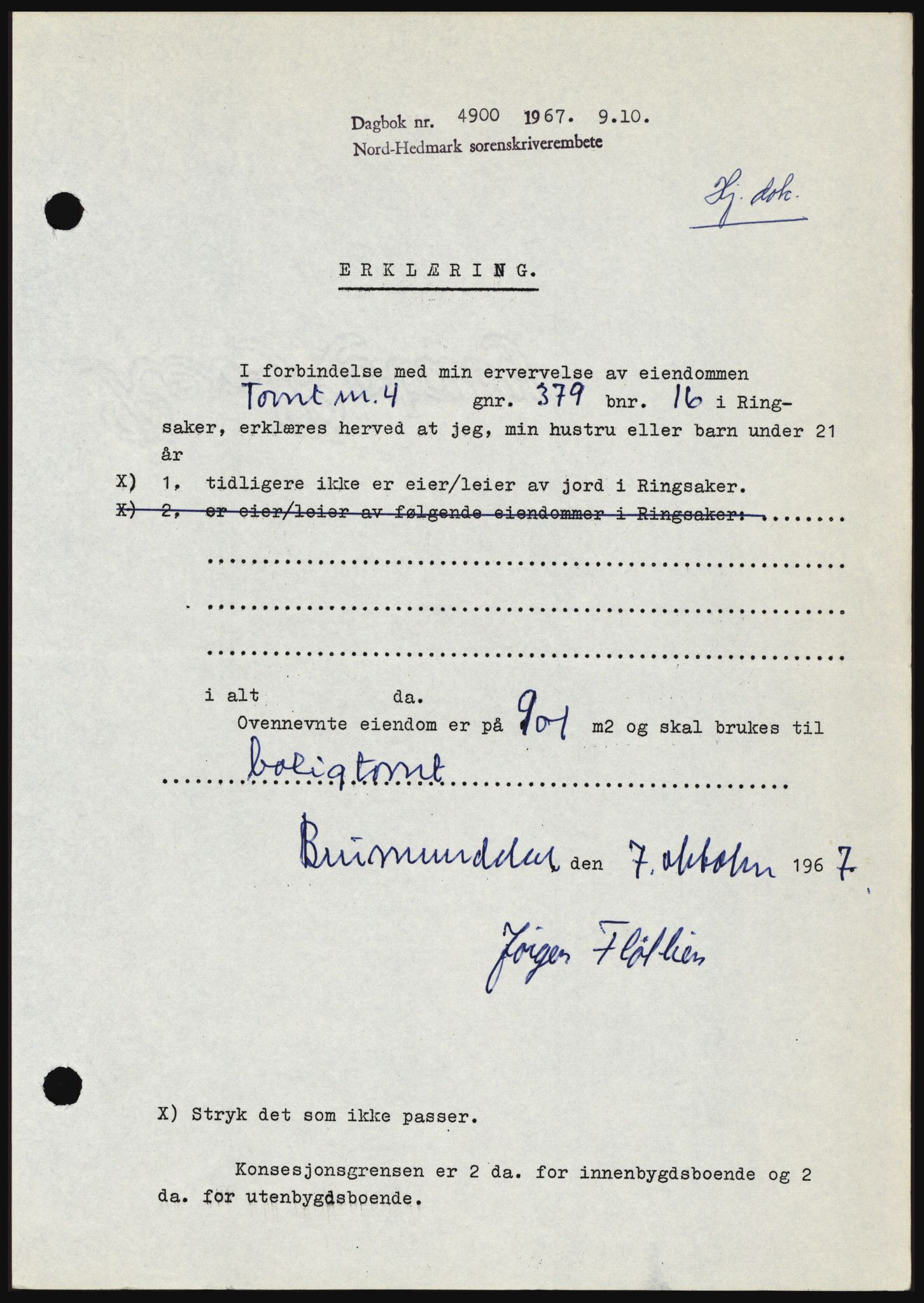 Nord-Hedmark sorenskriveri, SAH/TING-012/H/Hc/L0026: Mortgage book no. 26, 1967-1967, Diary no: : 4900/1967