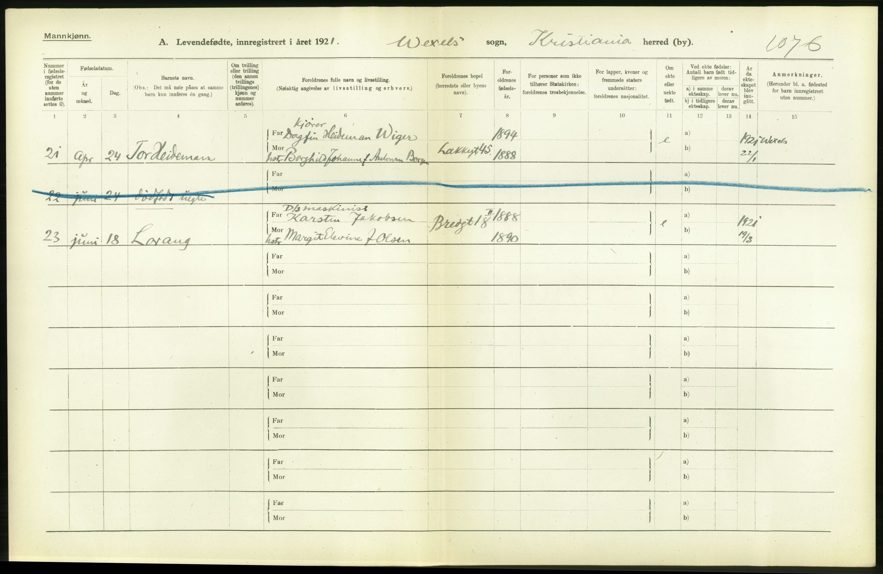 Statistisk sentralbyrå, Sosiodemografiske emner, Befolkning, AV/RA-S-2228/D/Df/Dfc/Dfca/L0009: Kristiania: Levendefødte menn og kvinner., 1921, p. 48