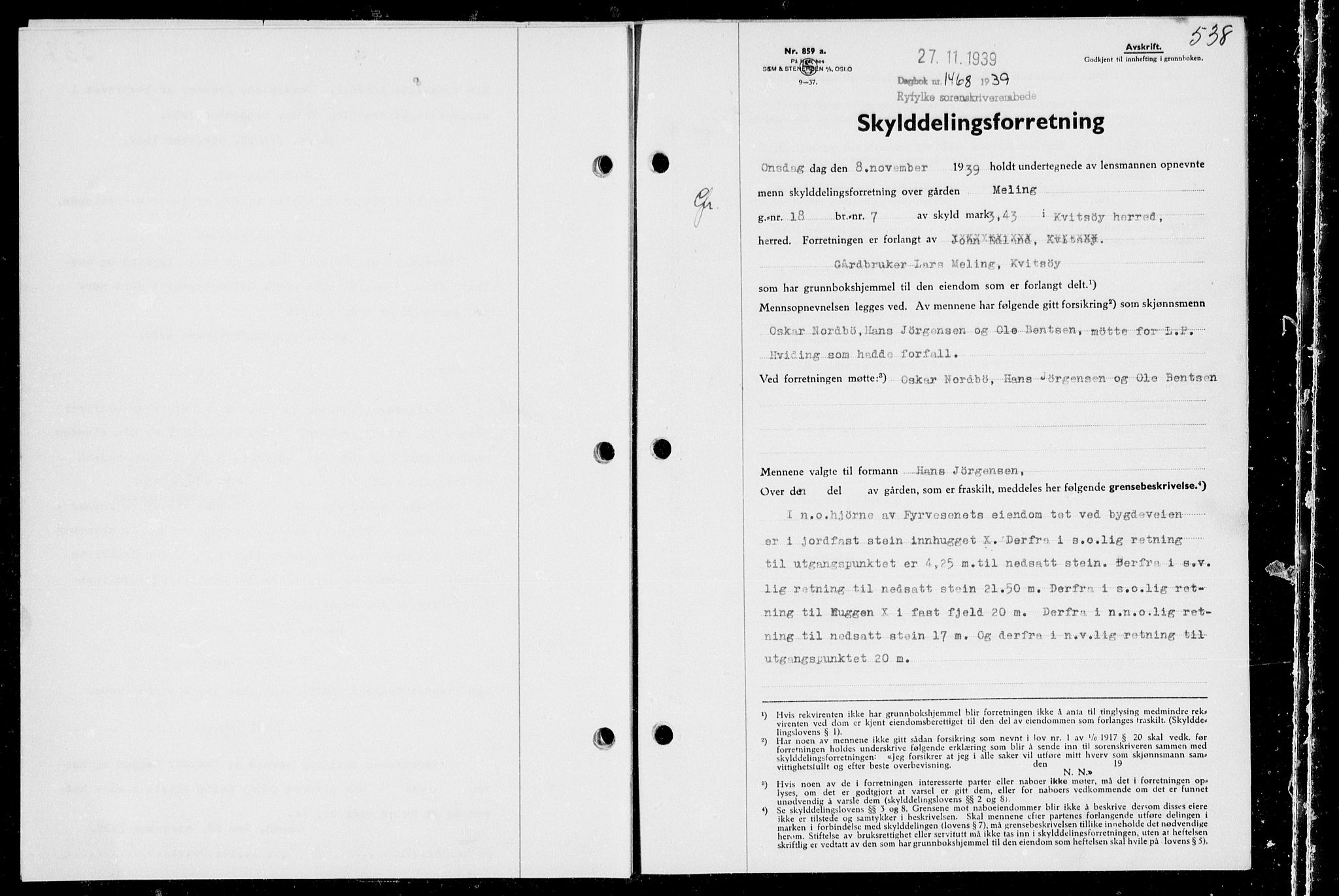 Ryfylke tingrett, SAST/A-100055/001/II/IIB/L0080: Mortgage book no. 59, 1939-1939, Diary no: : 1468/1939