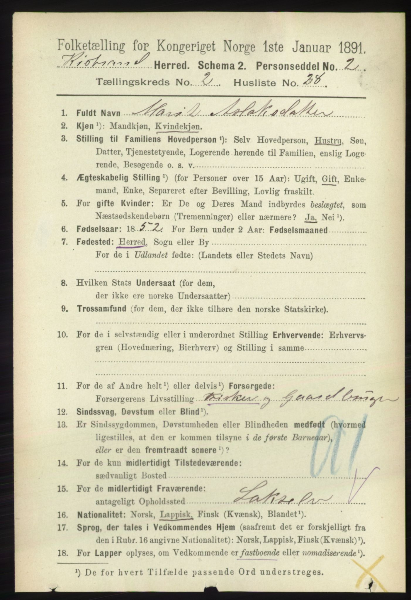 RA, 1891 census for 2020 Kistrand, 1891, p. 763