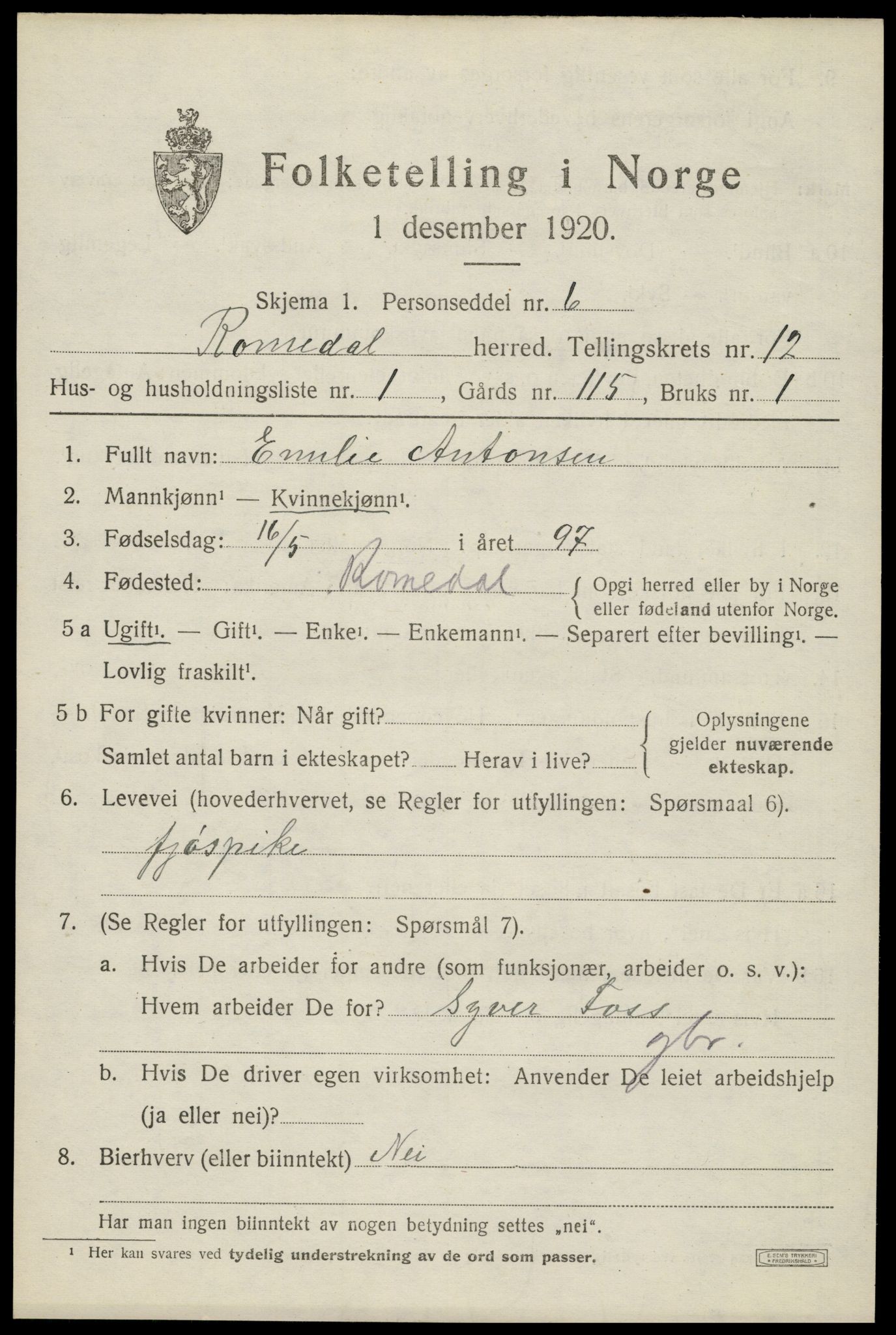 SAH, 1920 census for Romedal, 1920, p. 12605