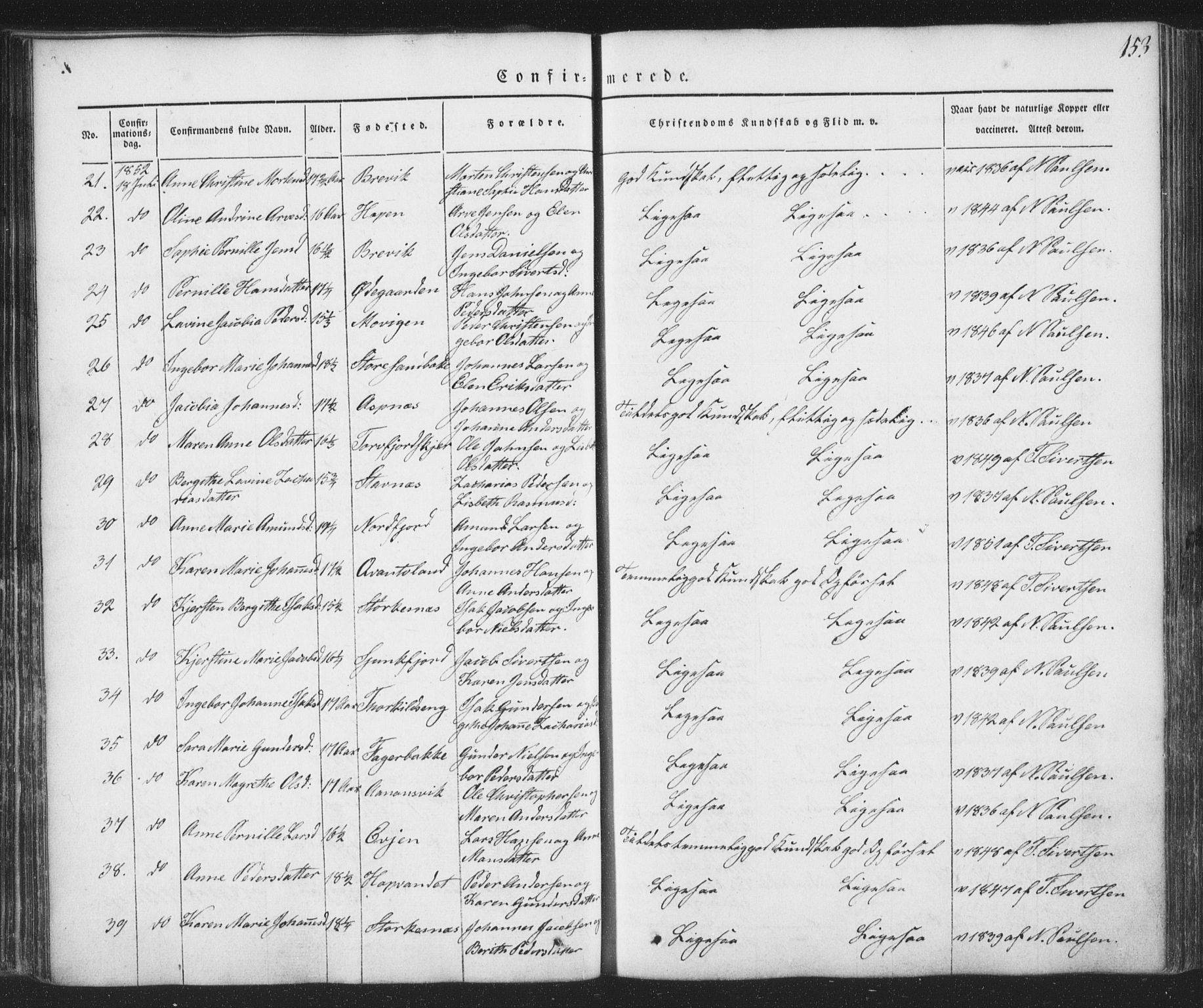 Ministerialprotokoller, klokkerbøker og fødselsregistre - Nordland, AV/SAT-A-1459/853/L0769: Parish register (official) no. 853A08, 1836-1856, p. 153