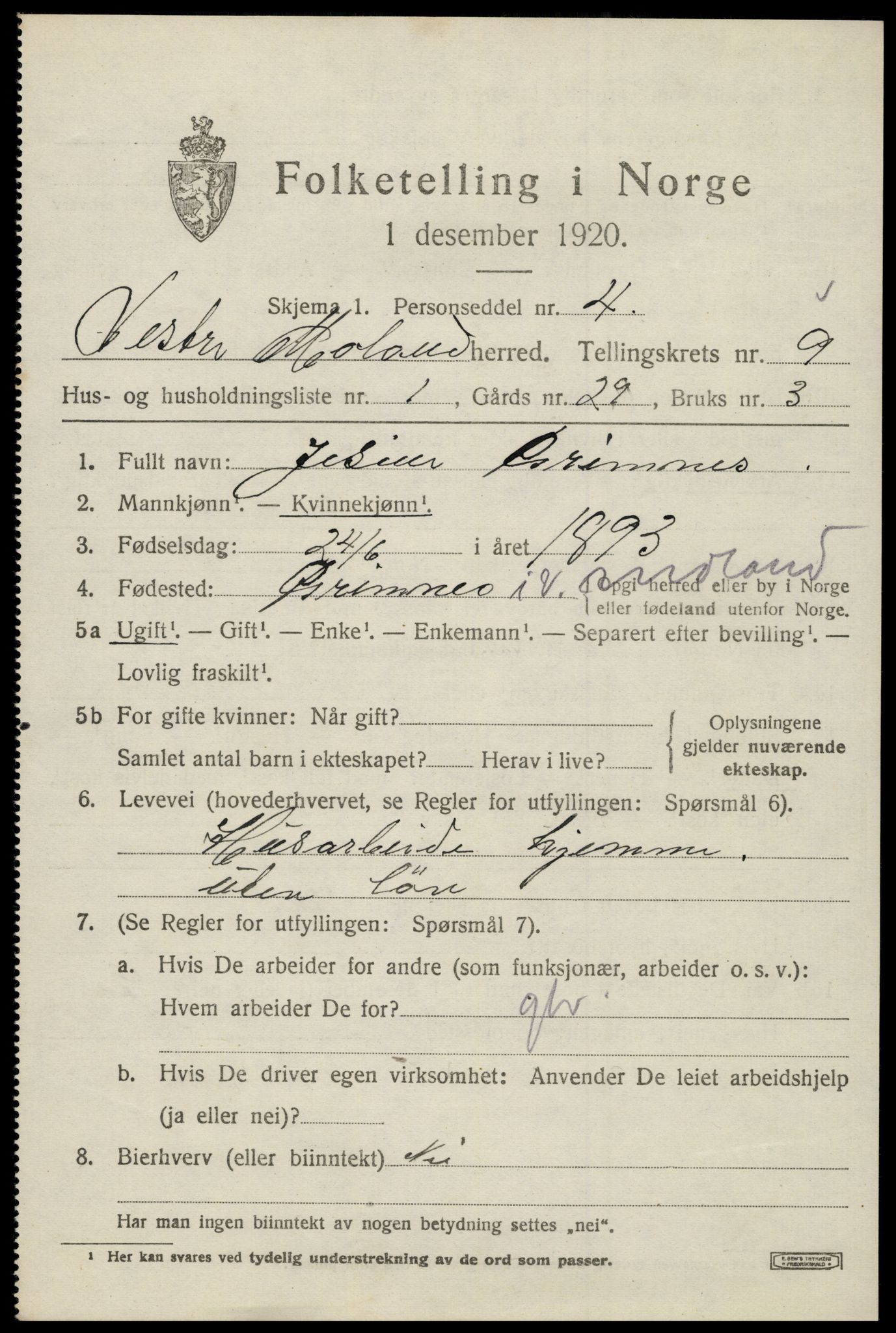 SAK, 1920 census for Vestre Moland, 1920, p. 5497