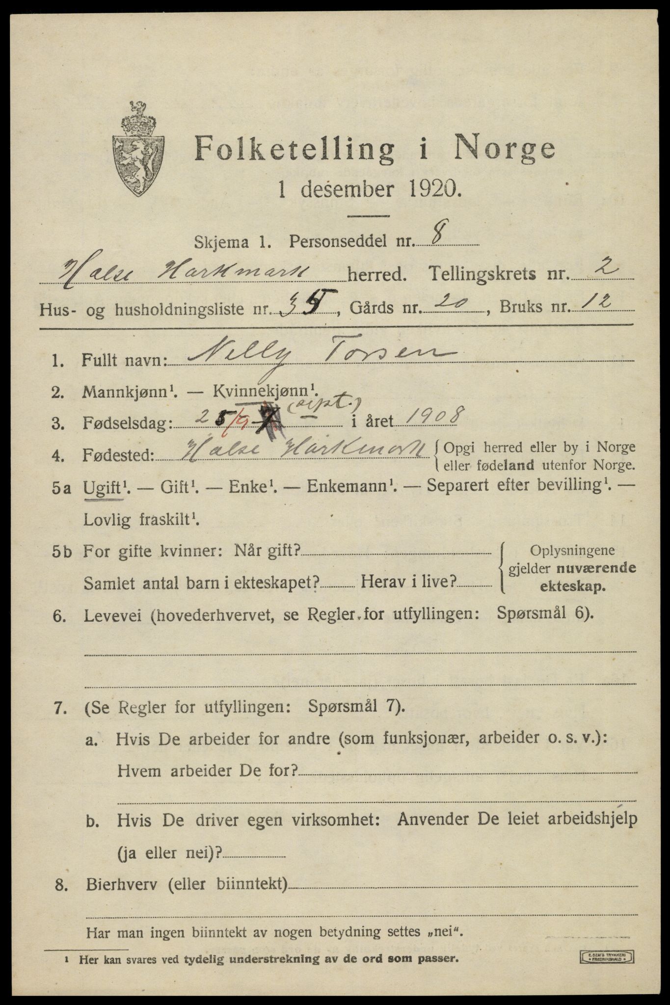 SAK, 1920 census for Halse og Harkmark, 1920, p. 2405