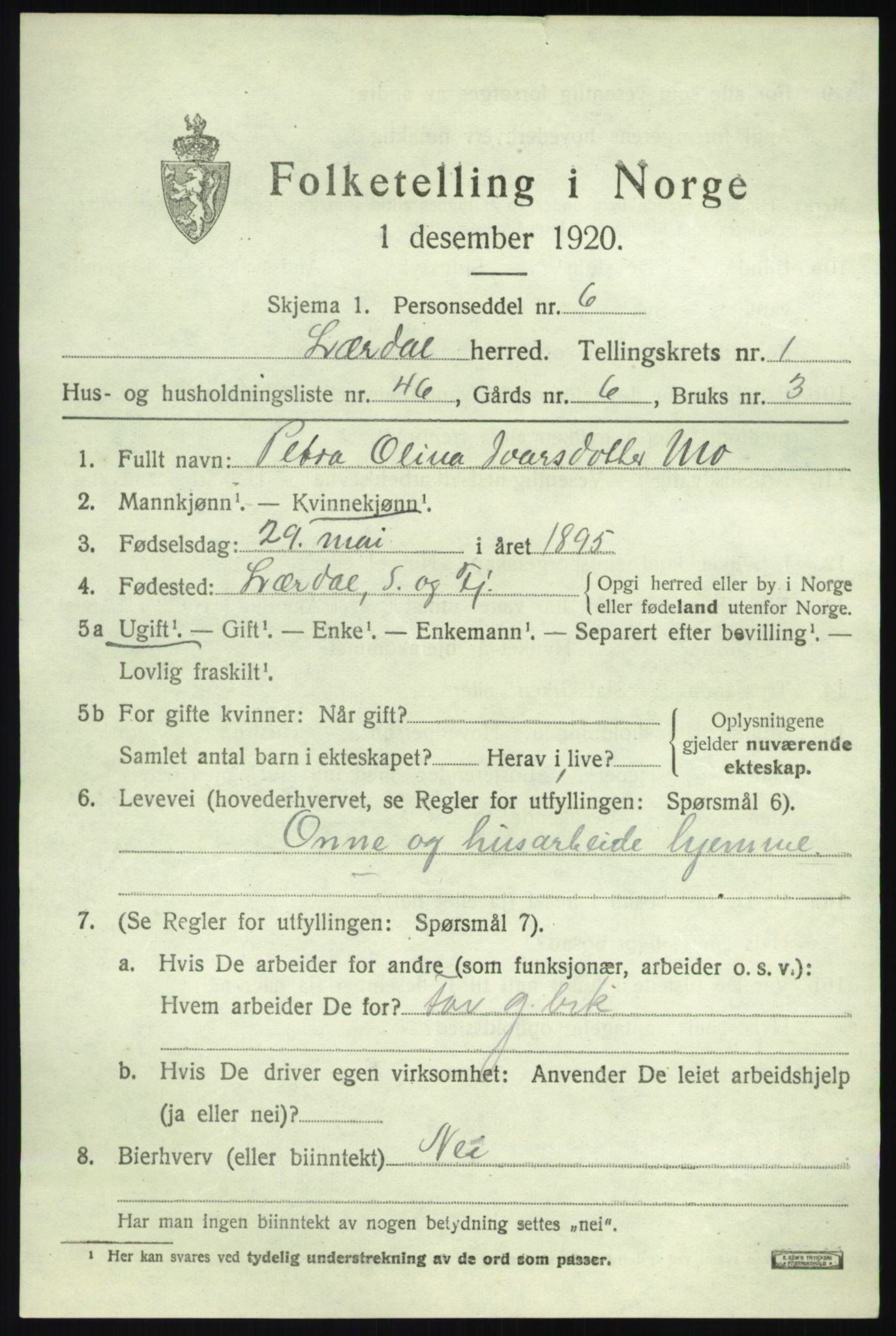 SAB, 1920 census for Lærdal, 1920, p. 1234