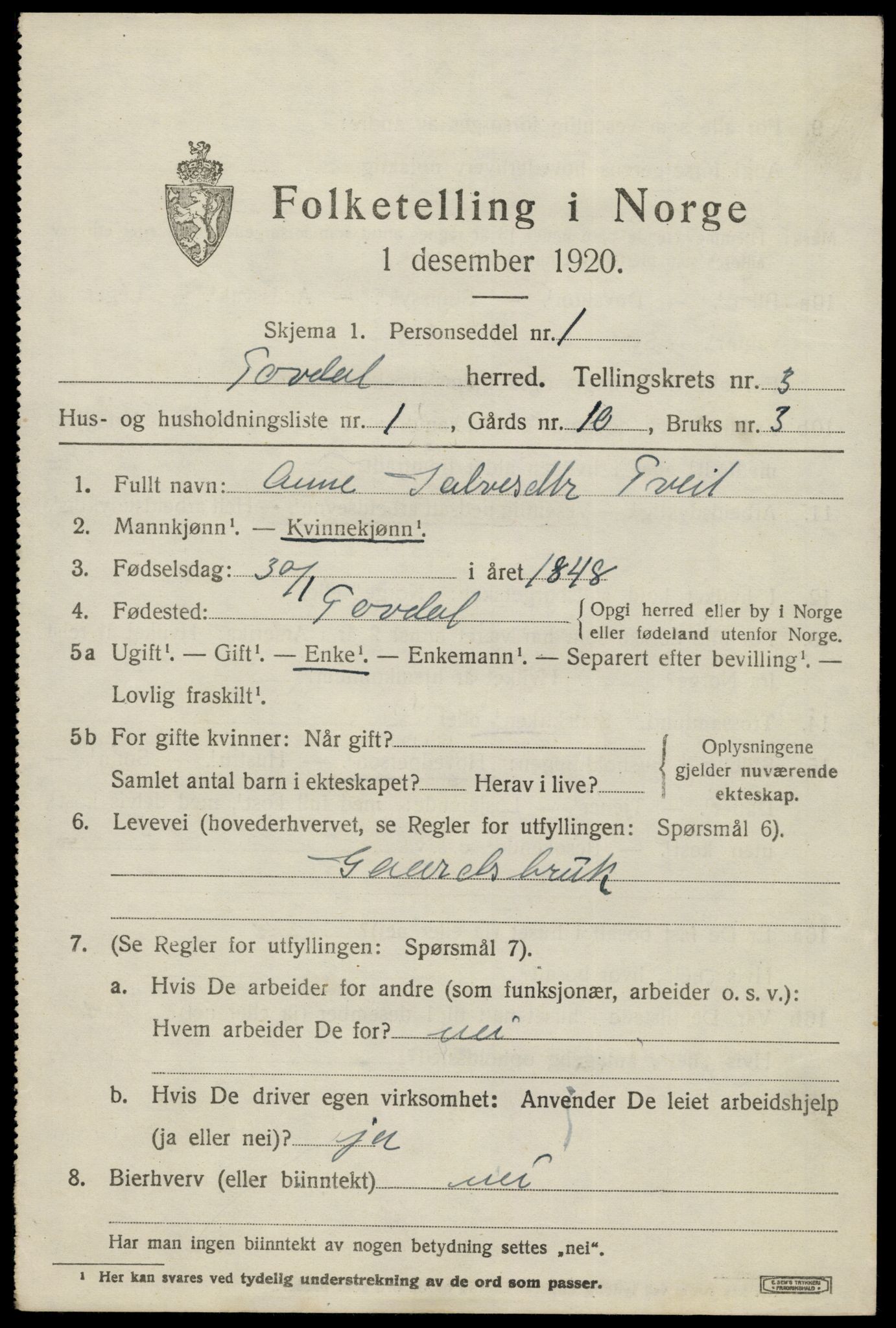 SAK, 1920 census for Tovdal, 1920, p. 569