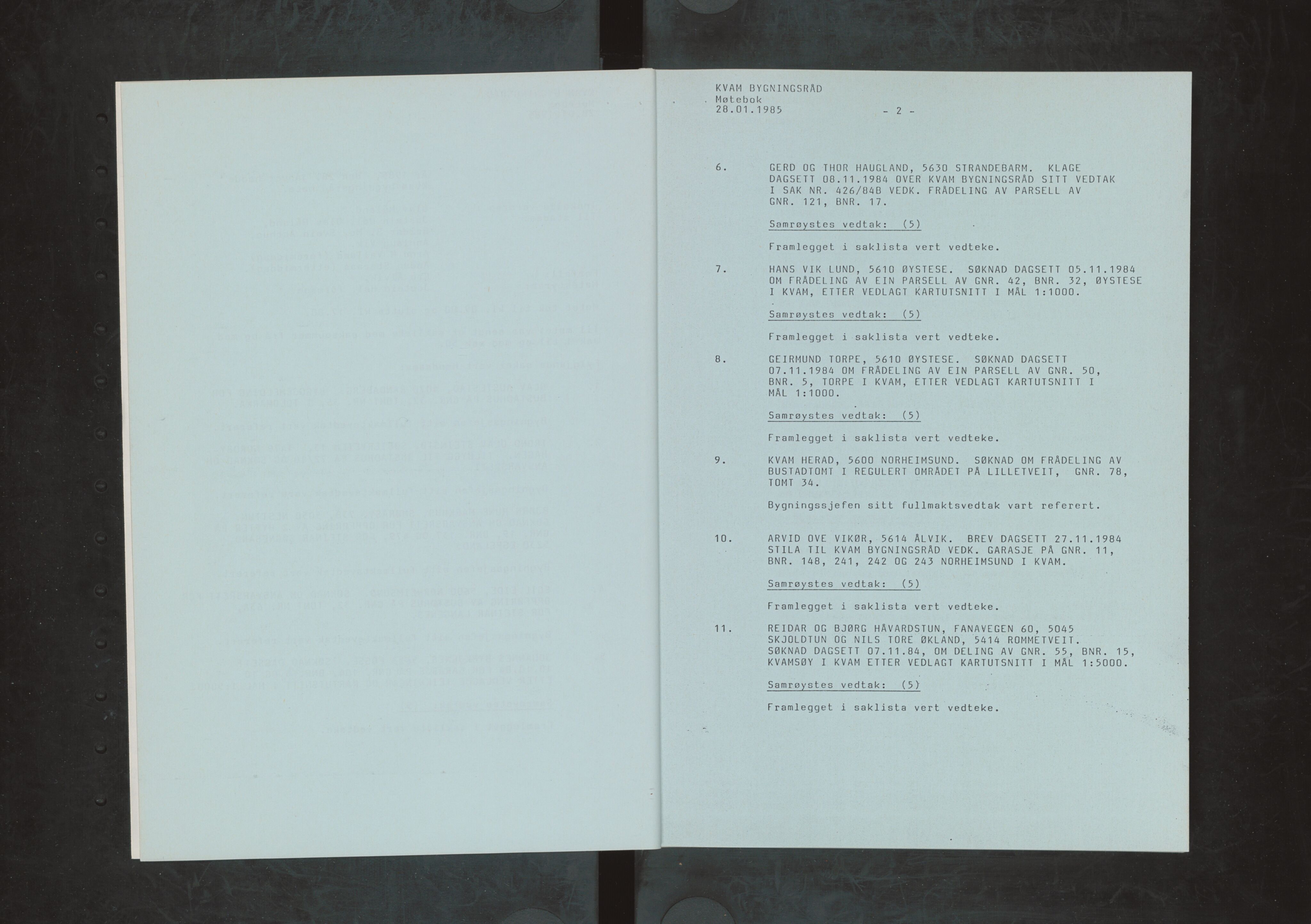 Kvam herad. Bygningsrådet, IKAH/1238-511/A/Aa/L0013: Møtebok Kvam herad bygningsråd , 1985