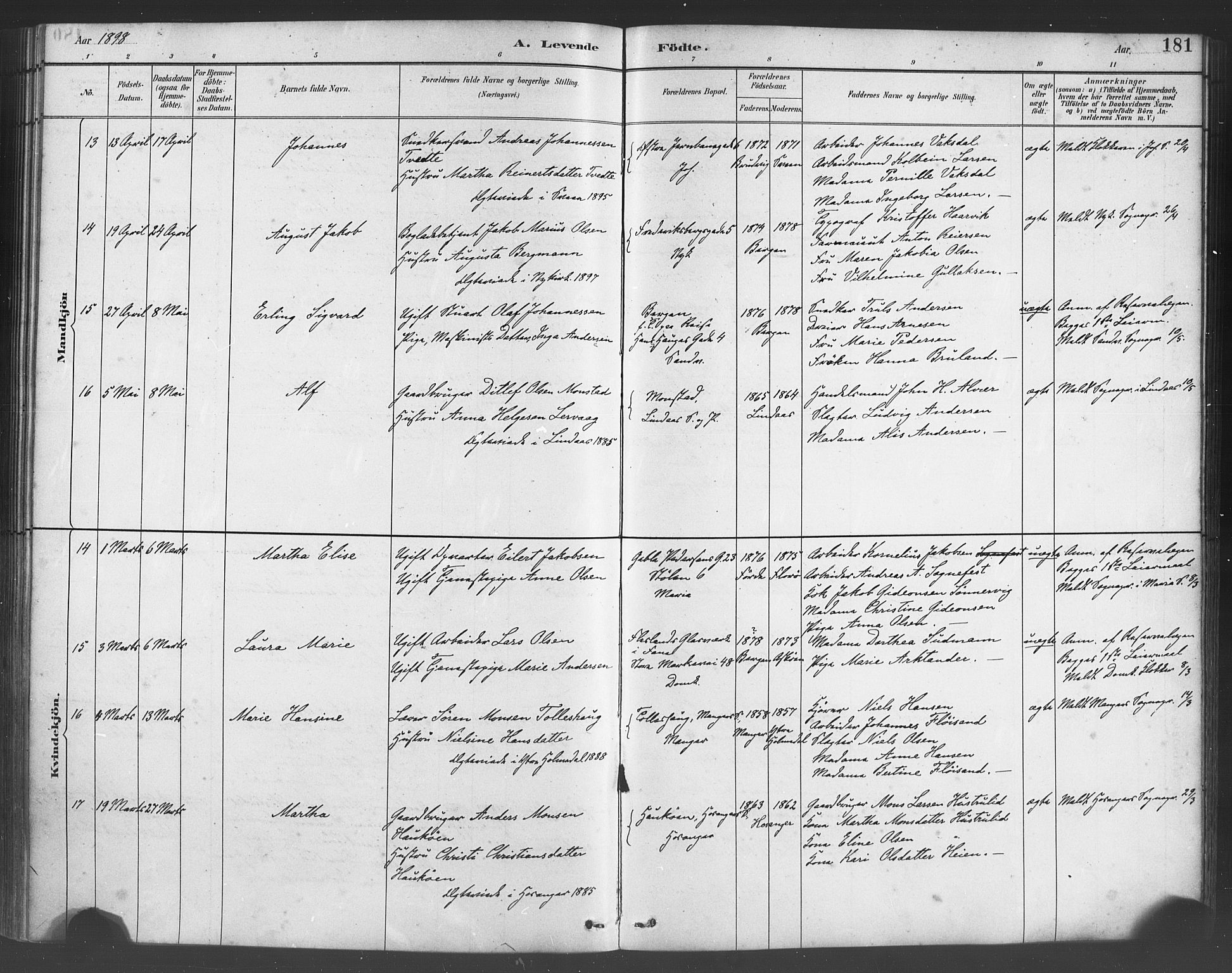 Fødselsstiftelsens sokneprestembete*, SAB/-: Parish register (official) no. A 2, 1884-1900, p. 181