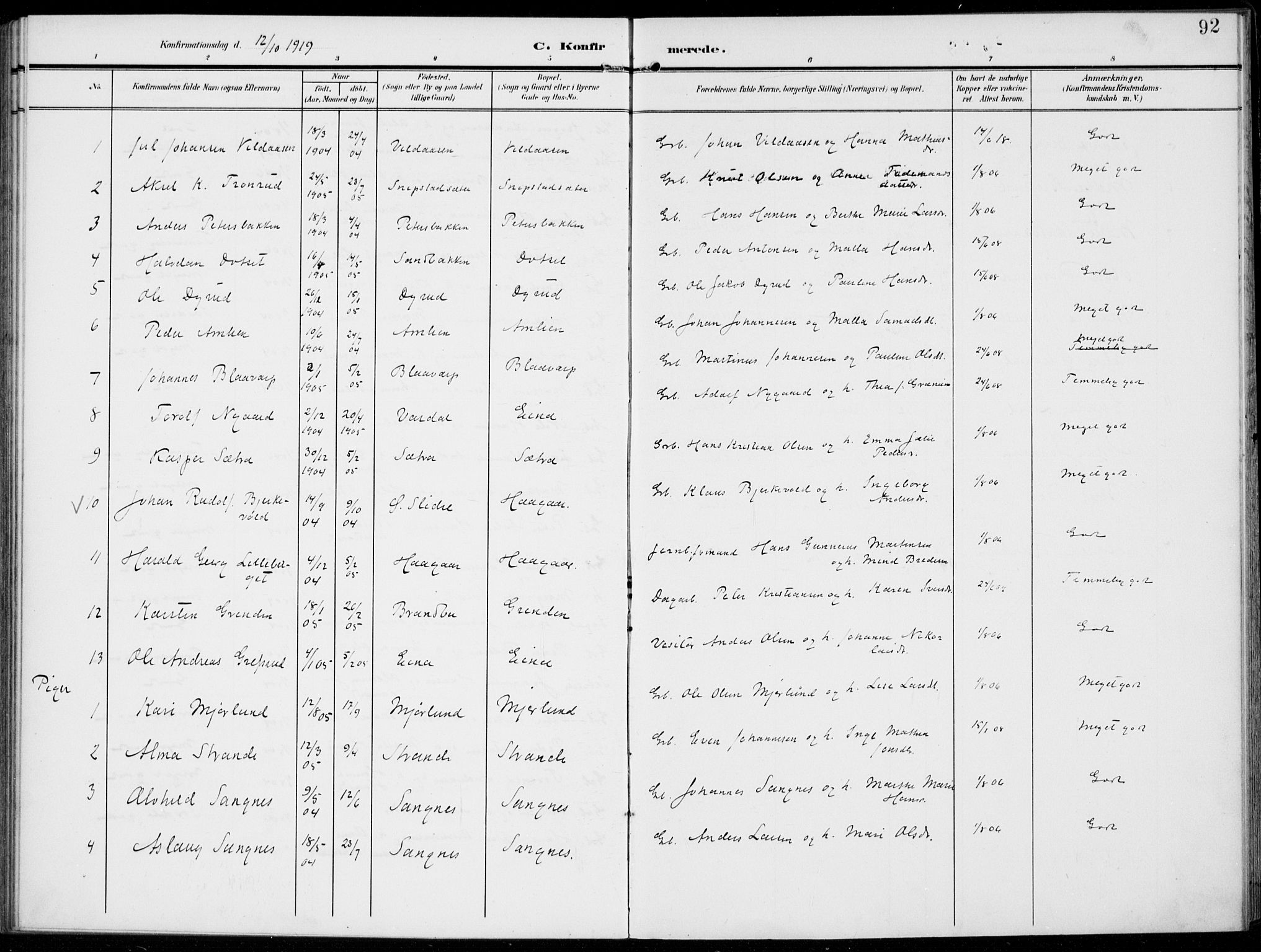 Kolbu prestekontor, SAH/PREST-110/H/Ha/Haa/L0001: Parish register (official) no. 1, 1907-1923, p. 92
