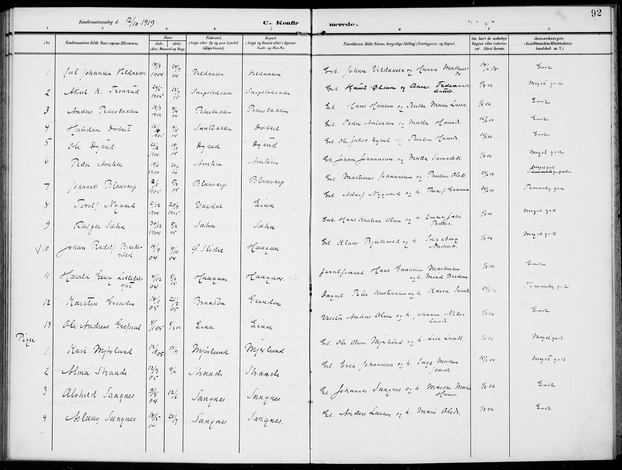 Kolbu prestekontor, AV/SAH-PREST-110/H/Ha/Haa/L0001: Parish register (official) no. 1, 1907-1923, p. 92