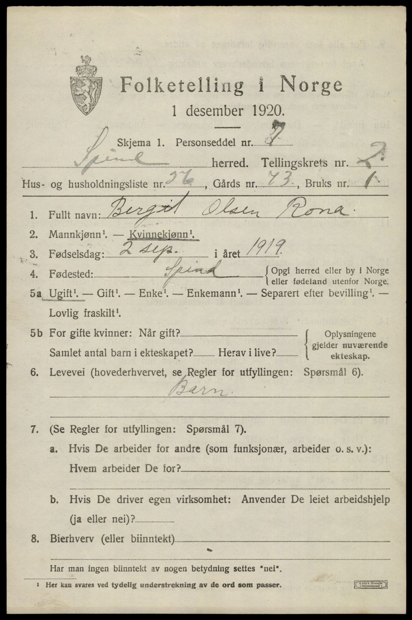 SAK, 1920 census for Spind, 1920, p. 1595