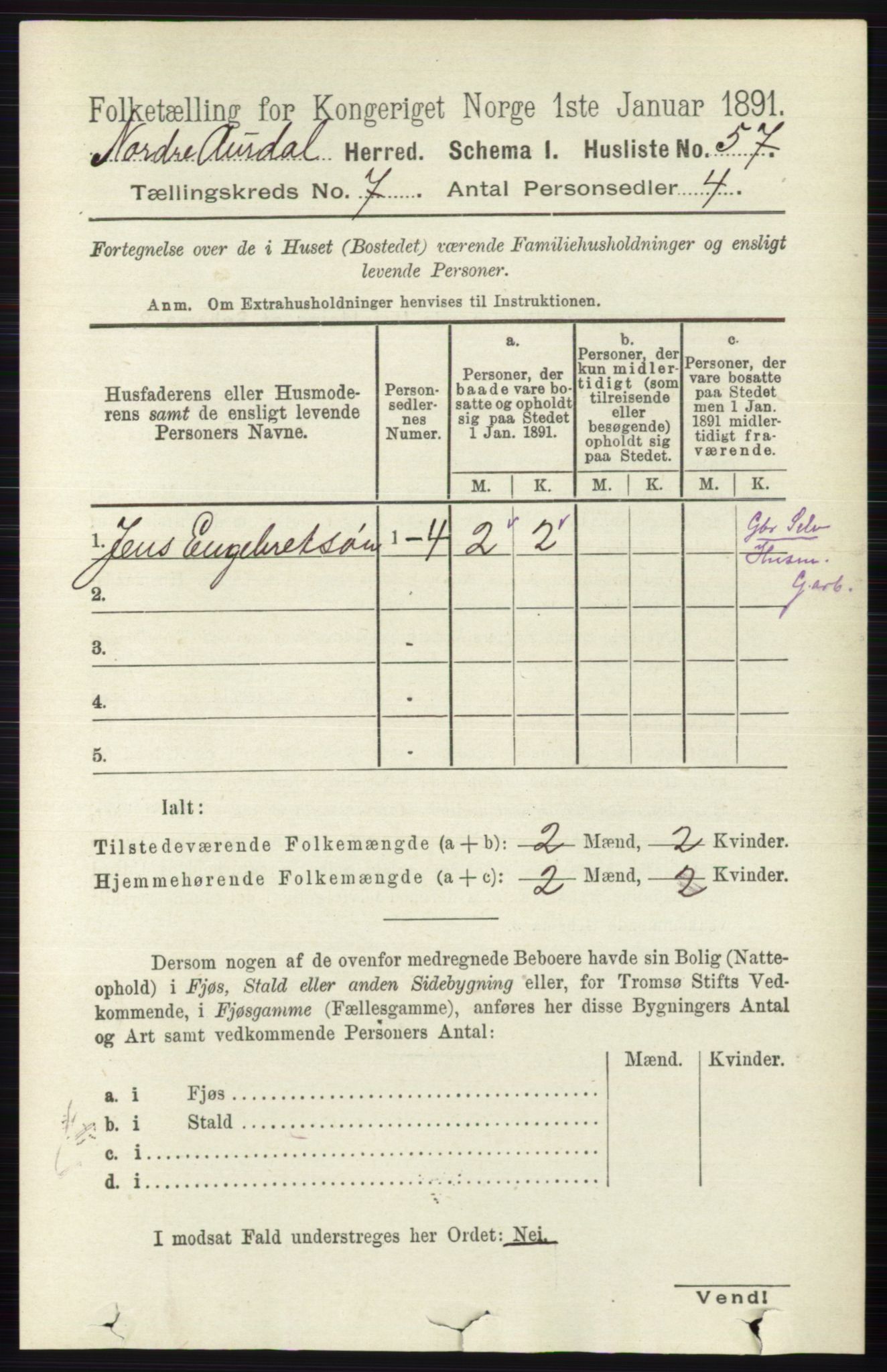 RA, 1891 census for 0542 Nord-Aurdal, 1891, p. 2377