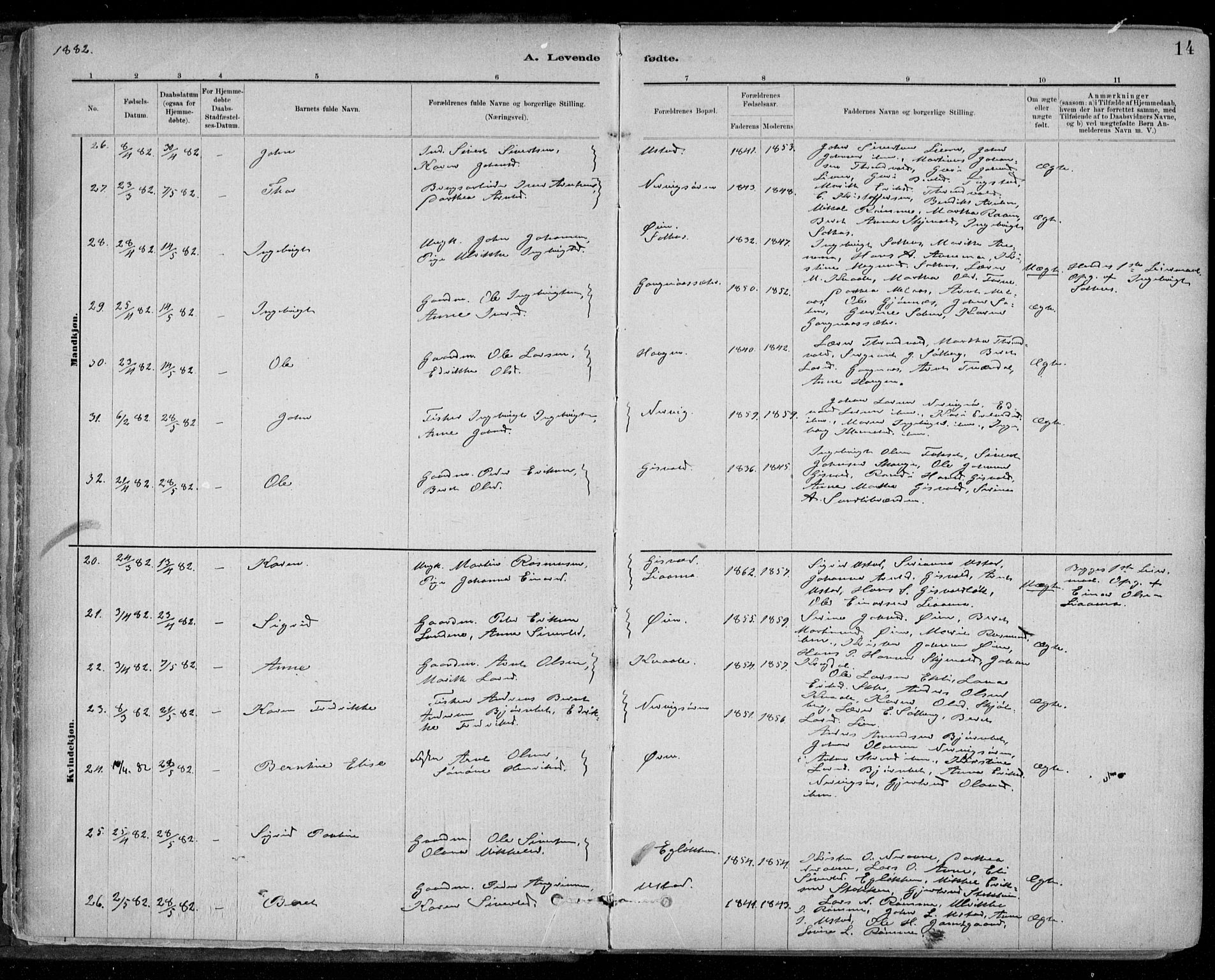Ministerialprotokoller, klokkerbøker og fødselsregistre - Sør-Trøndelag, SAT/A-1456/668/L0809: Parish register (official) no. 668A09, 1881-1895, p. 14