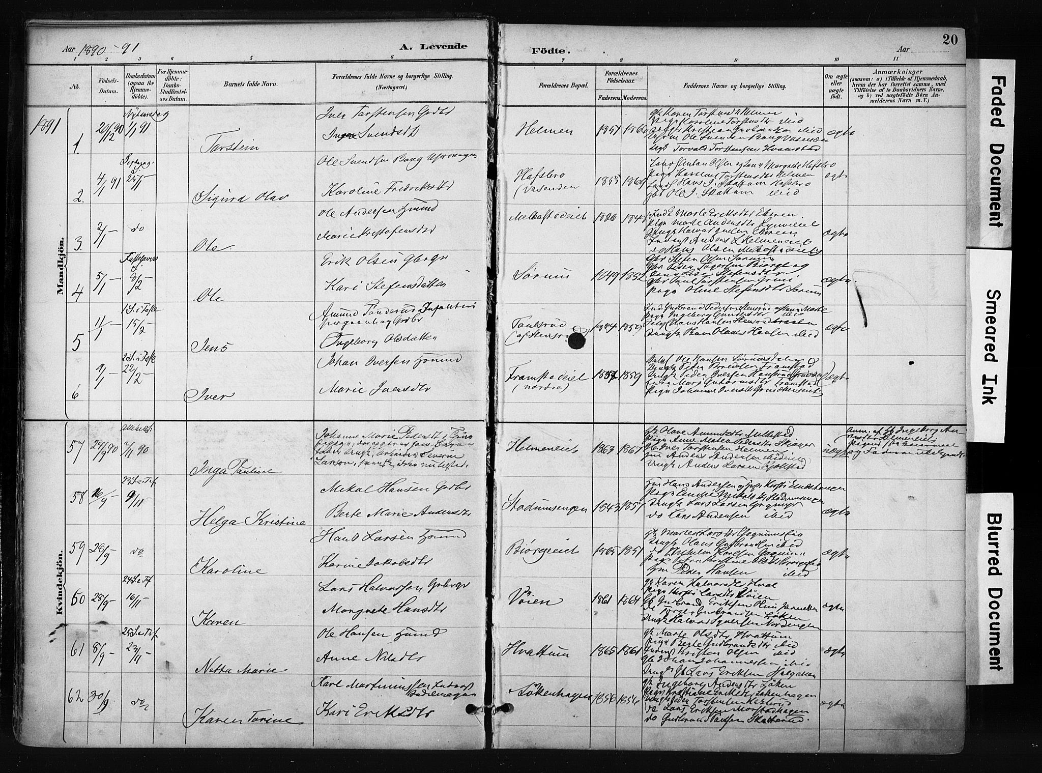 Gran prestekontor, SAH/PREST-112/H/Ha/Haa/L0017: Parish register (official) no. 17, 1889-1897, p. 20