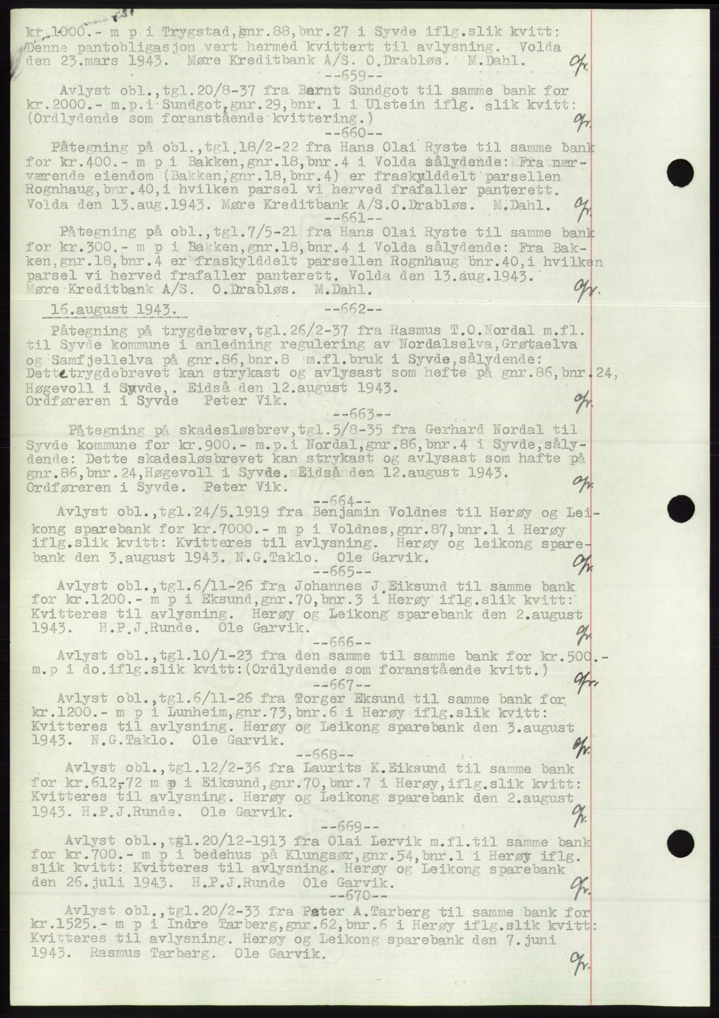 Søre Sunnmøre sorenskriveri, AV/SAT-A-4122/1/2/2C/L0072: Mortgage book no. 66, 1941-1955, Diary no: : 659/1943