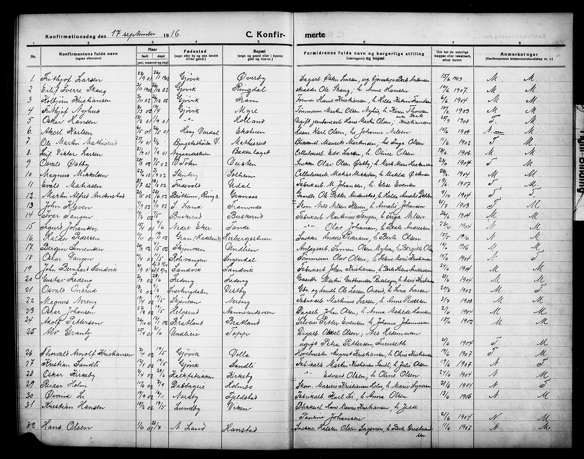 Vardal prestekontor, AV/SAH-PREST-100/H/Ha/Hab/L0016: Parish register (copy) no. 16, 1915-1929