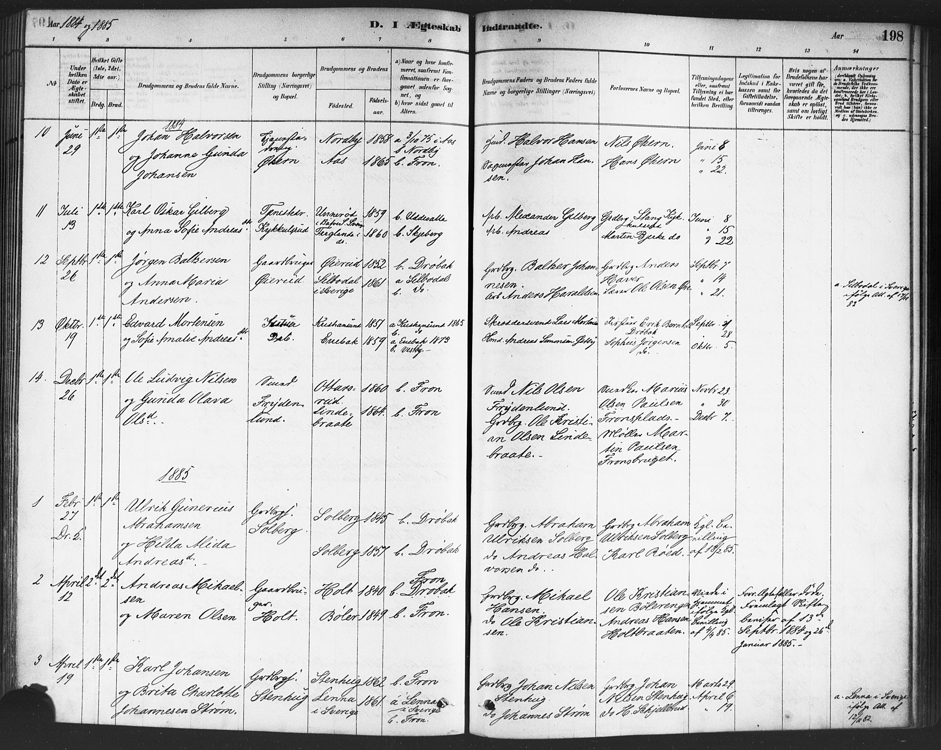 Drøbak prestekontor Kirkebøker, SAO/A-10142a/F/Fc/L0002: Parish register (official) no. III 2, 1878-1891, p. 198