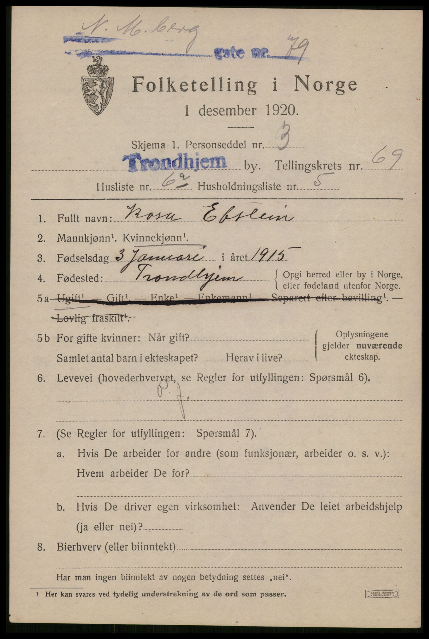 SAT, 1920 census for Trondheim, 1920, p. 136452