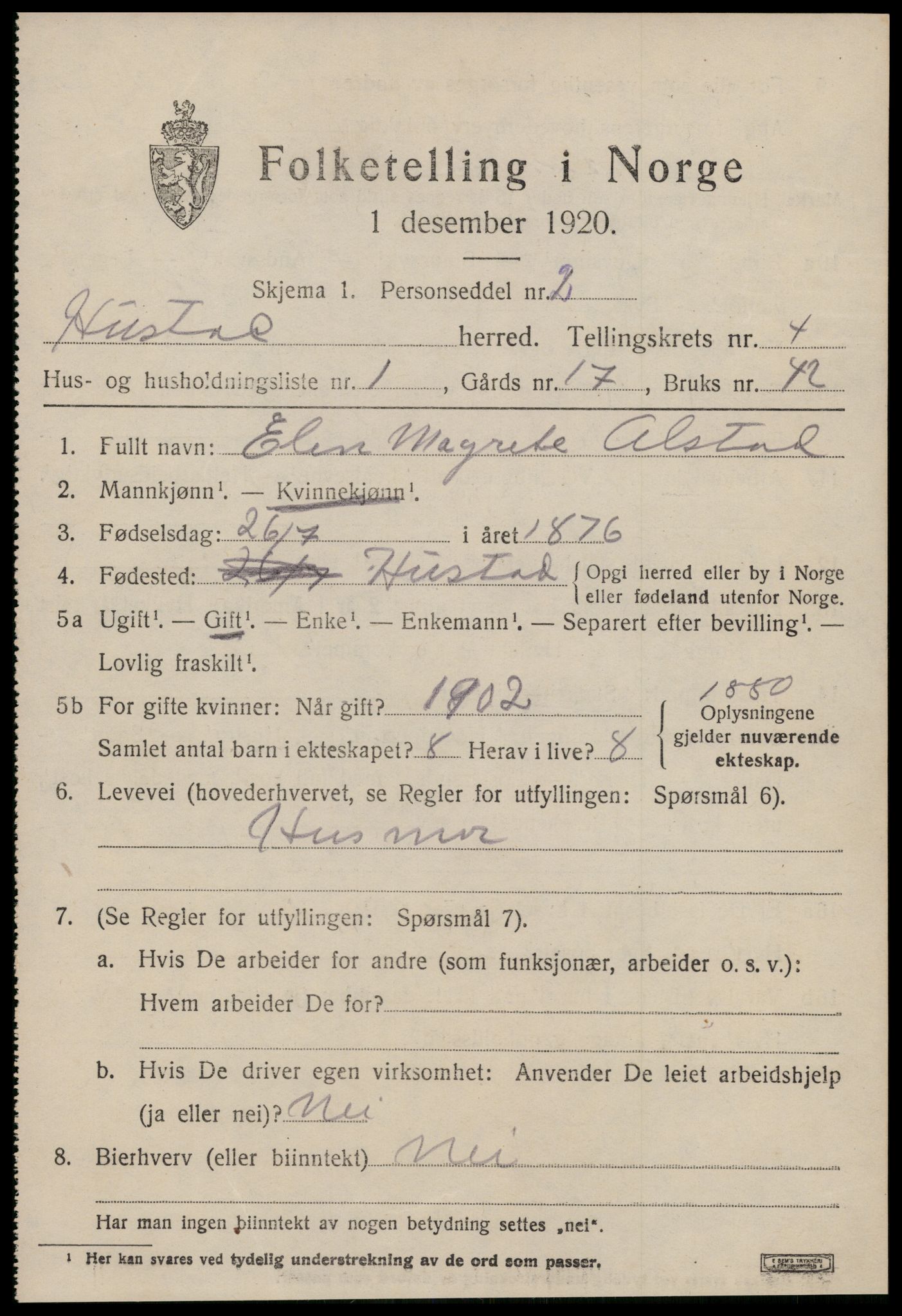 SAT, 1920 census for Hustad, 1920, p. 2949