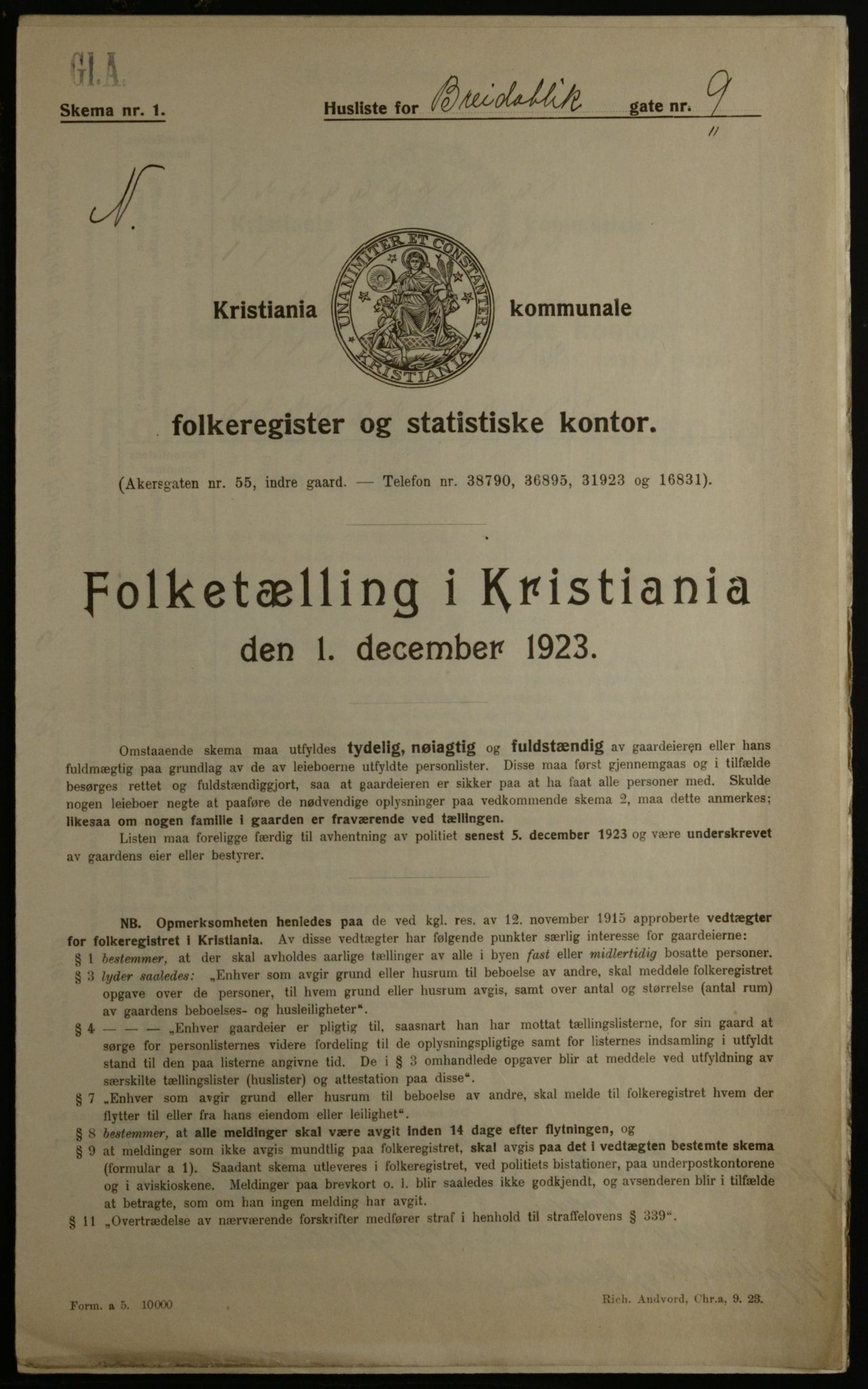 OBA, Municipal Census 1923 for Kristiania, 1923, p. 9210
